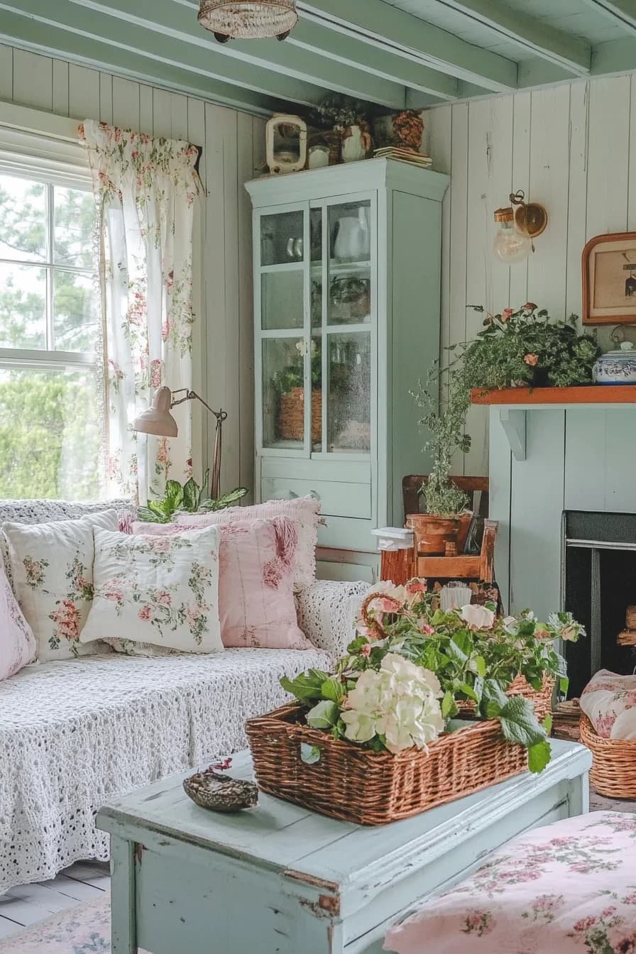 Sala de estar de estilo Cottagecore, con muebles verde menta, un sofá cubierto con un cubresofá blanco, cojines en tonos pastel con estampados de flores, cortinas con estampados de flores, plantas y canastos alrededor.