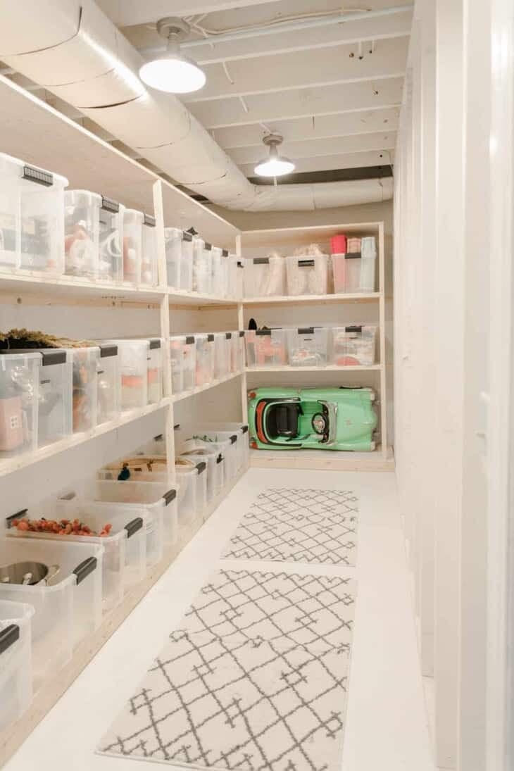 Bodega de paredes blancas con estantes y cajas transparentes con etiquetas sobre ellos. 