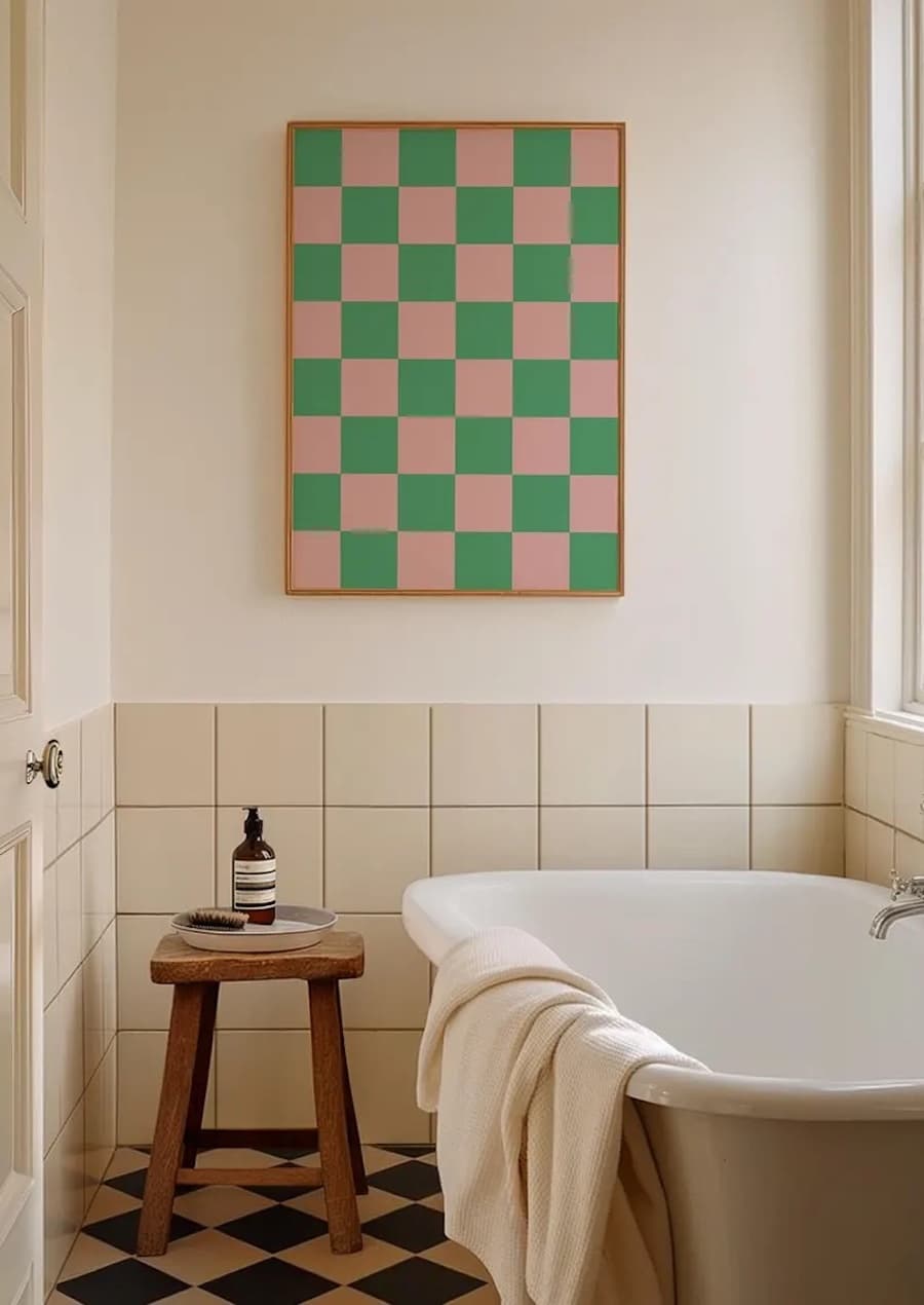 Baño con cuadro cuadrillé en color verde y rosado, con marco delgado de madera. Muros beige y cerámico beige en la parte de abajo. Tina y piso de madera bajo