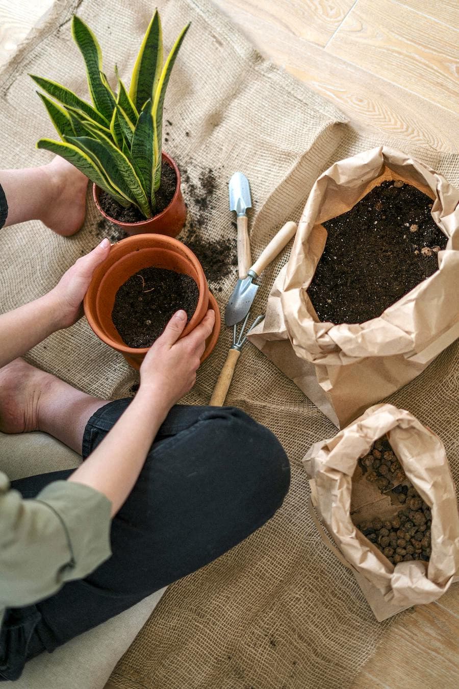 Persona sentada en el suelo con un macetero en sus manos, sustrato en bolsas, herramientas de jardín y una planta.