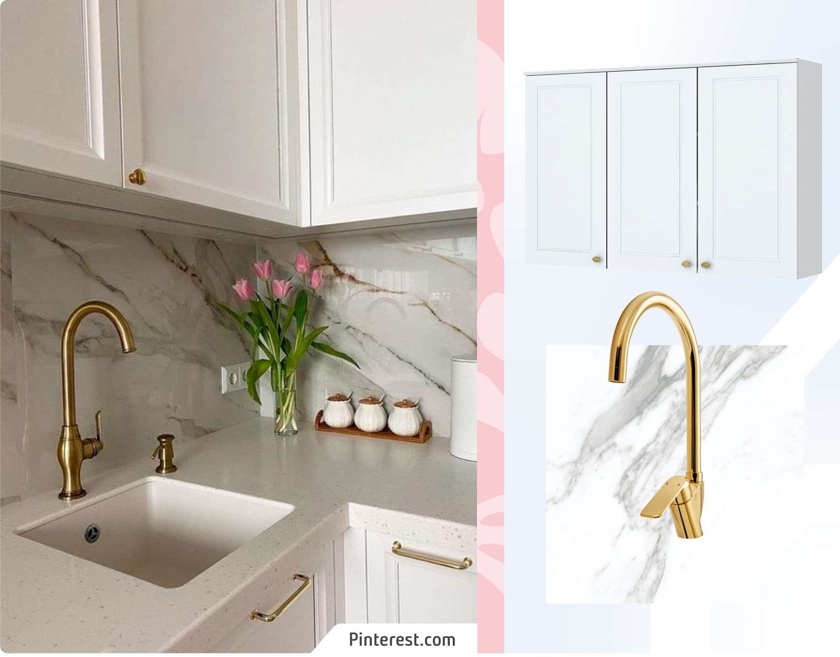 Moodboard Sodimac con foto de cocina de colores claros y neutros. Los productos Sodimac son muebles de madera, grifería dorada y mesón de mármol.