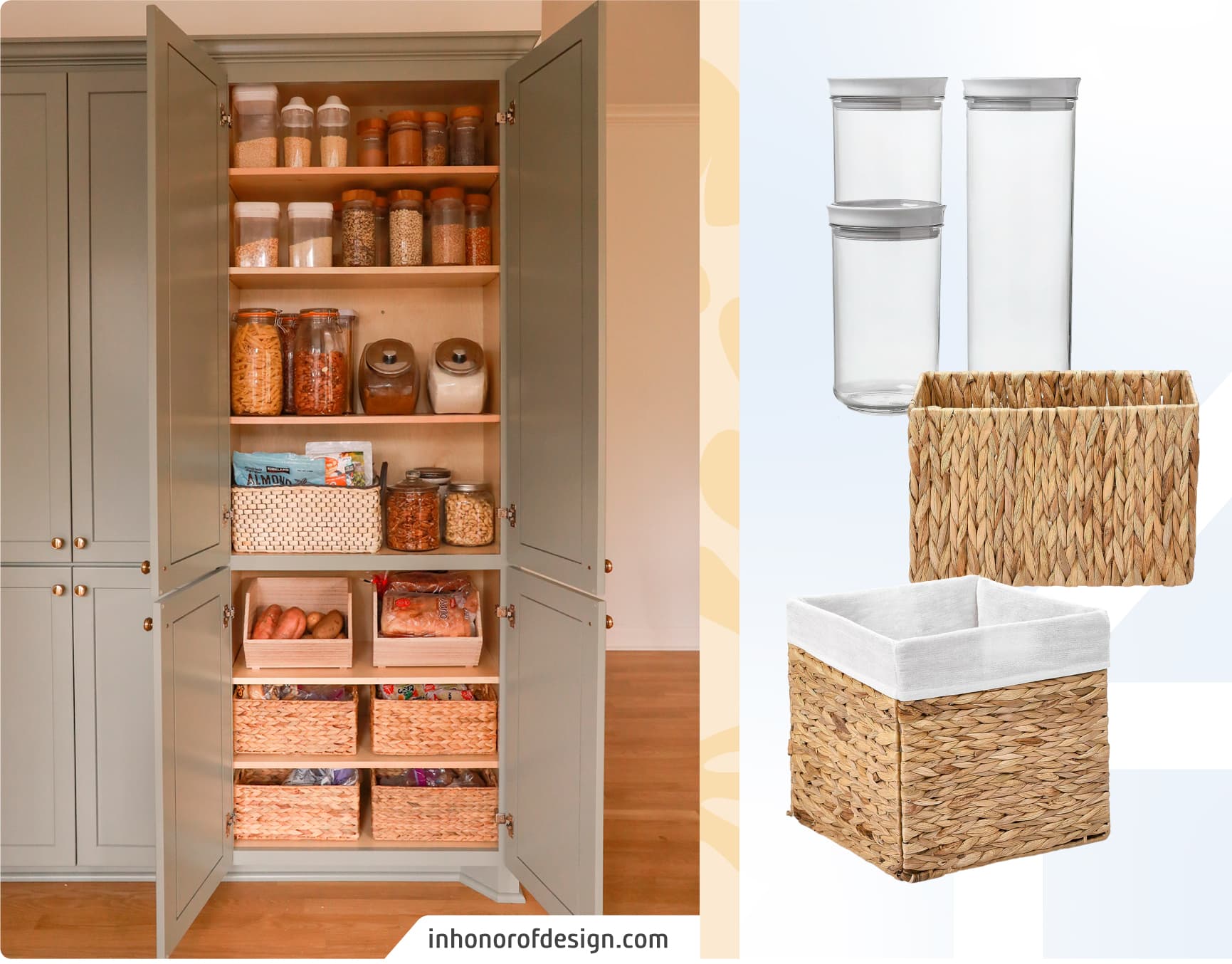 Moodboard Sodimac con foto de una despensa de cocina con canastos organizadores. Los productos Sodimac son canastos de mimbre de diversos tamaños y set de frascos de acrílico y tapa blanca.