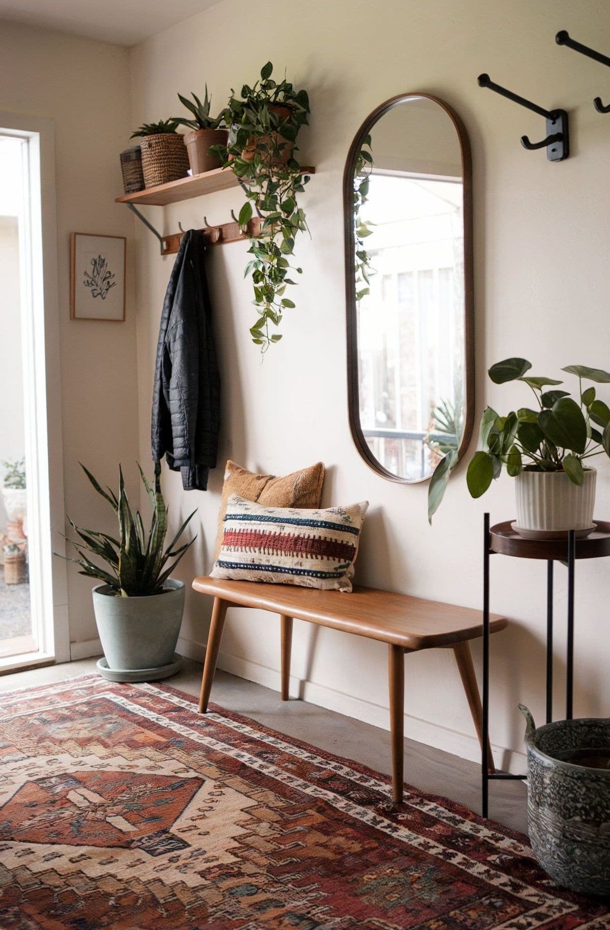 Hall de entrada con una banca de madera, 2 cojines sobre ella, una alfombra de estilo oriental, un espejo ovalado en l muro, un perchero de madera y dos plantas.