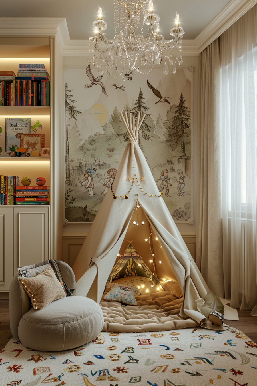 Habitación de bebé con una tienda o tipi de color beige. Dentro de ella hay cojines y una guirnalda de luces encendida. Papel mural de estilo vintage y mueble de madera con repisas