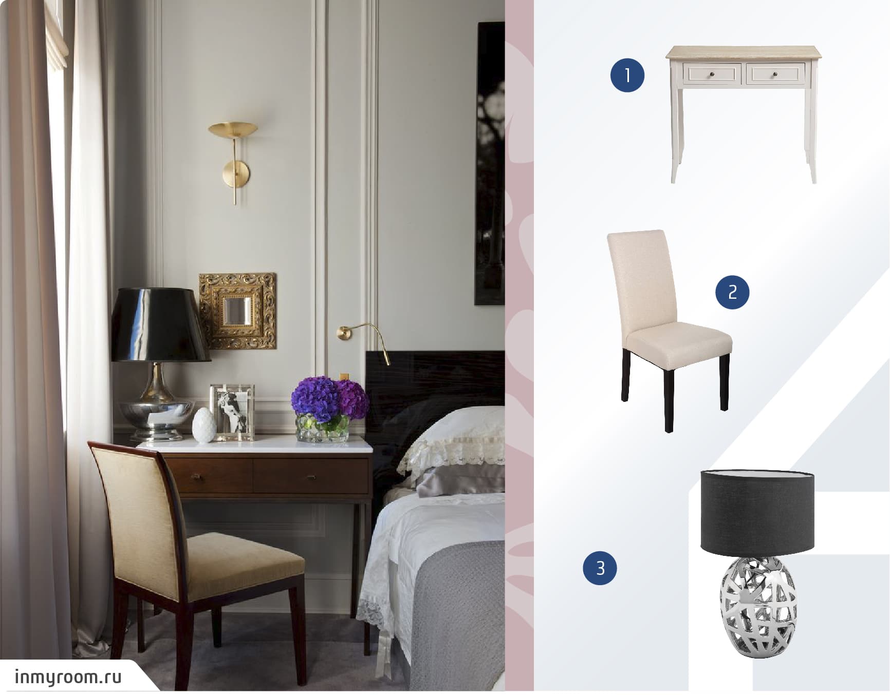 Moodboard de productos para un escritorio pequeño para dormitorio disponibles en Sodimac junto a una imagen de un dormitorio que tiene un escritorio al lado de una cama.