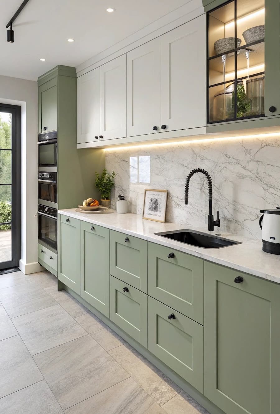 Cocina alargada con muebles color verde salvia, muros con revestimiento imitación mármol, cubiertas blancas y grifería en negro mate.