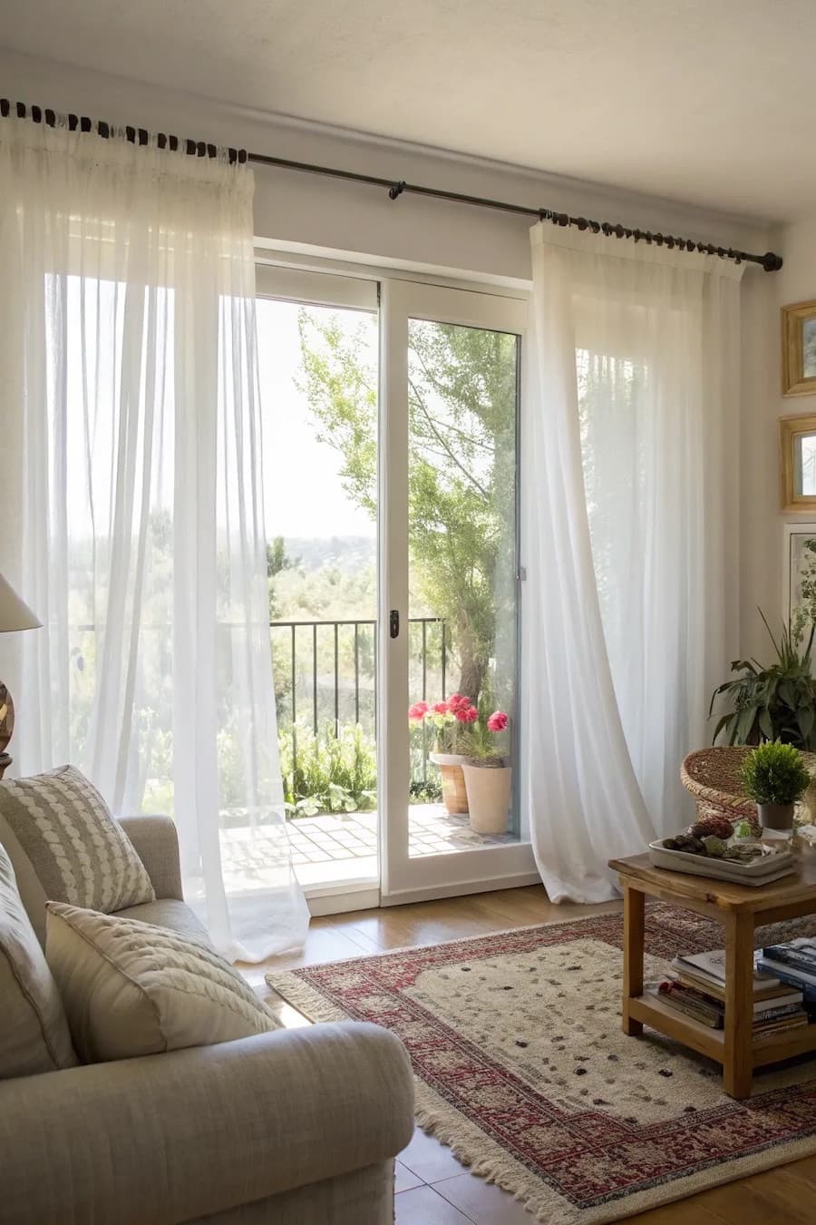 Ventanal de un departamento con visillos entreabiertos que dejan pasar la luz natural.
