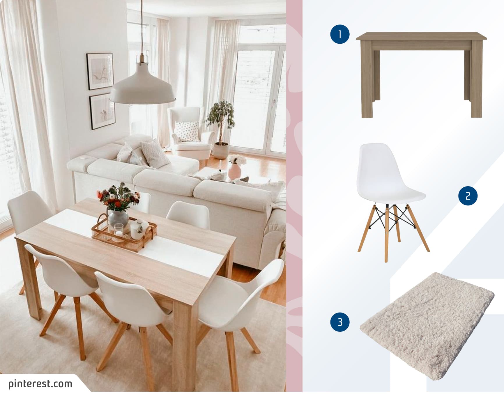 Living comedor pequeño estilo nórdico con un sofá de tres cuerpos blanco y un conjunto de comedor detrás, con una mesa de madera y seis sillas estilo eames blancas, que están sobre una alfombra blanca; junto a un moodboard de muebles para comedor.