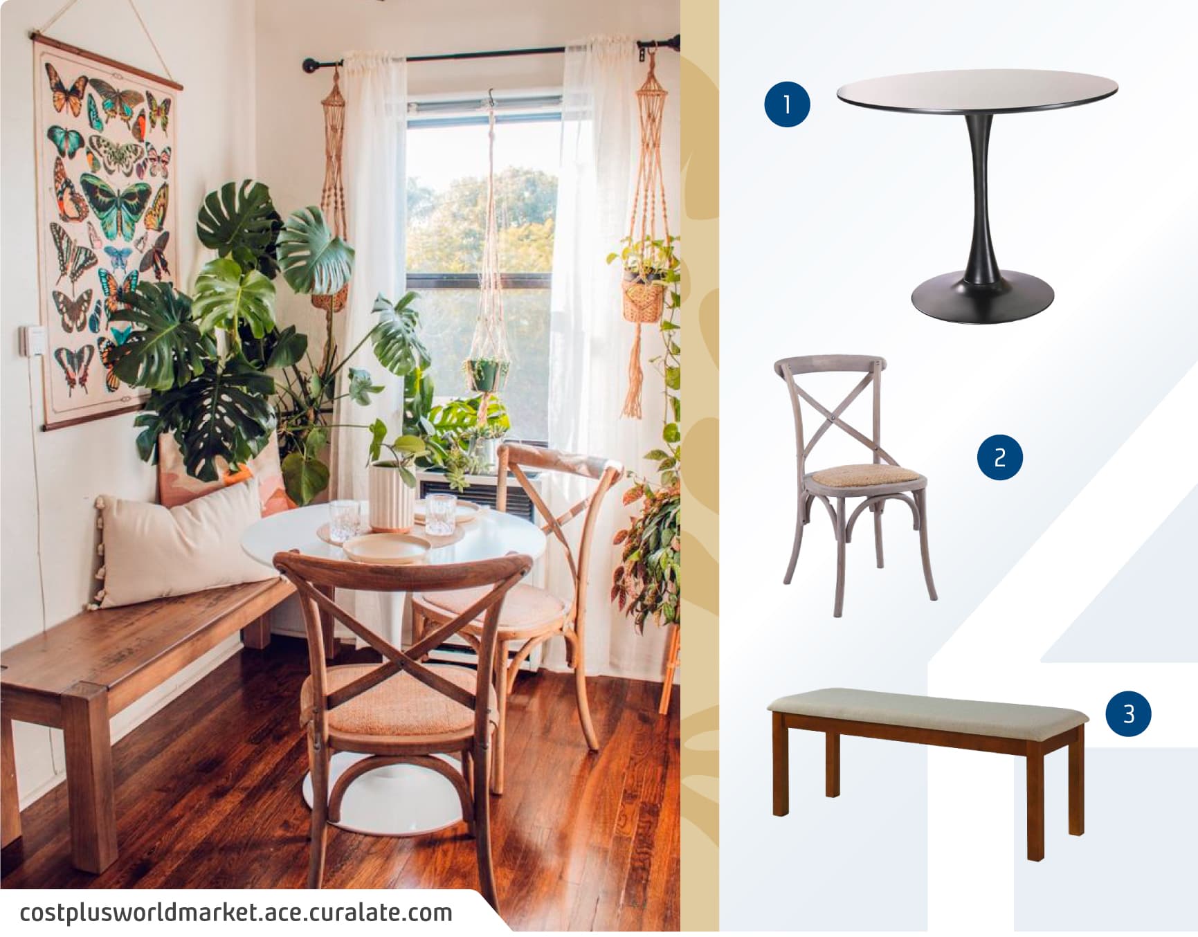 Comedor pequeño con una mesa redonda blanca, dos sillas y una banca de madera. Al fondo hay una ventana con visillos blancos y varias plantas; junto a un moodboard de muebles para comedor disponibles en Sodimac.