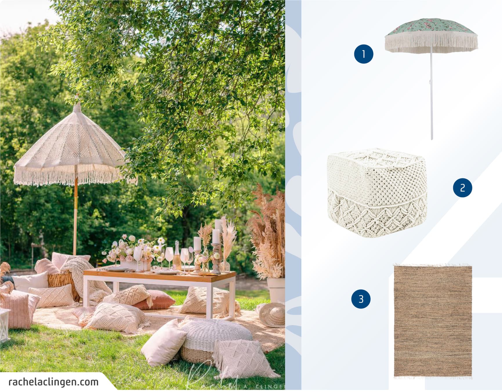 Moodboard de quitasol, pouf y alfombras disponibles en Sodimac.