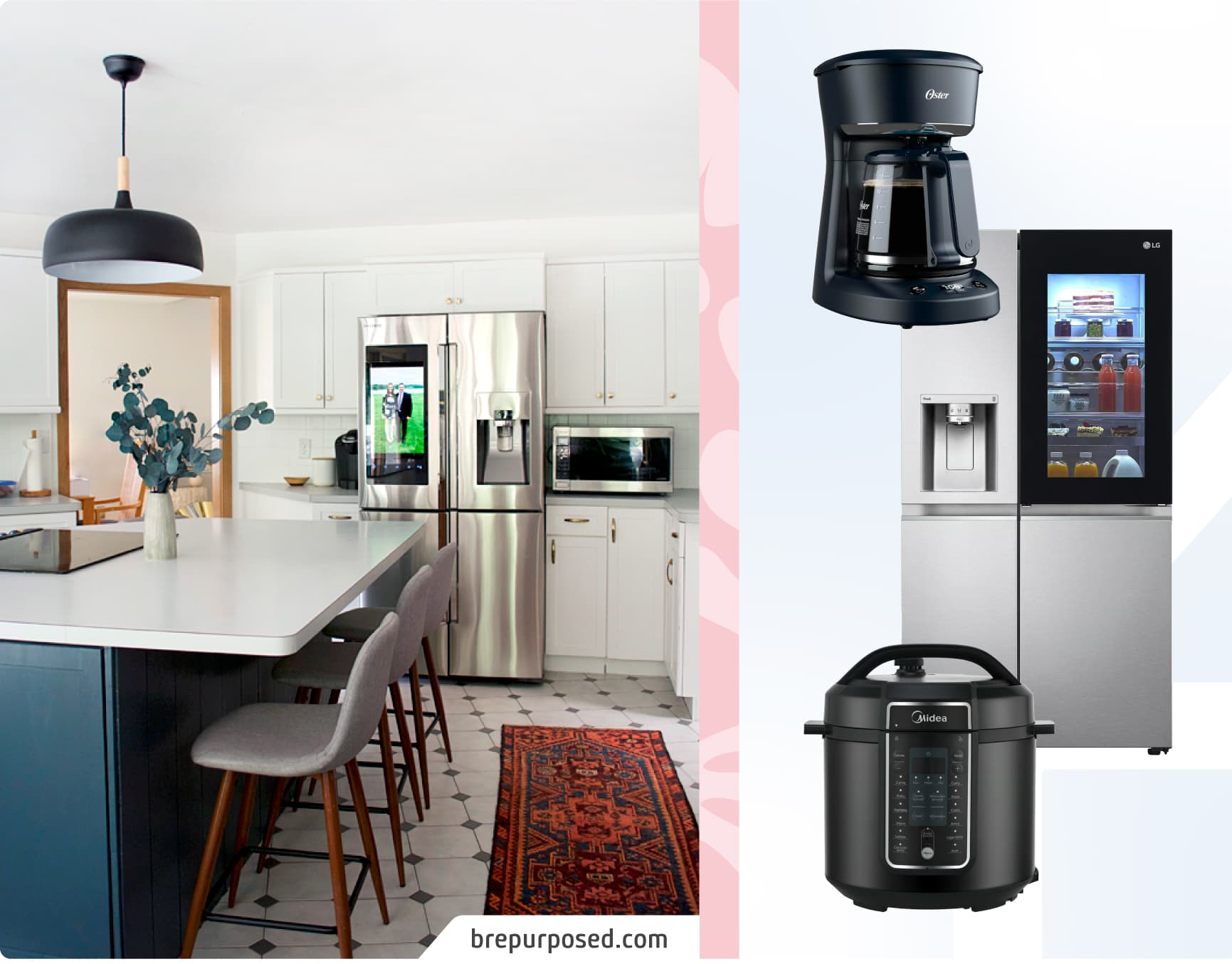 Moodboard Sodimac con foto de cocina moderna y electrodomésticos inteligentes. Los productos Sodimac son una cafetera negra, un refrigerador inteligente y una freidora de aire.