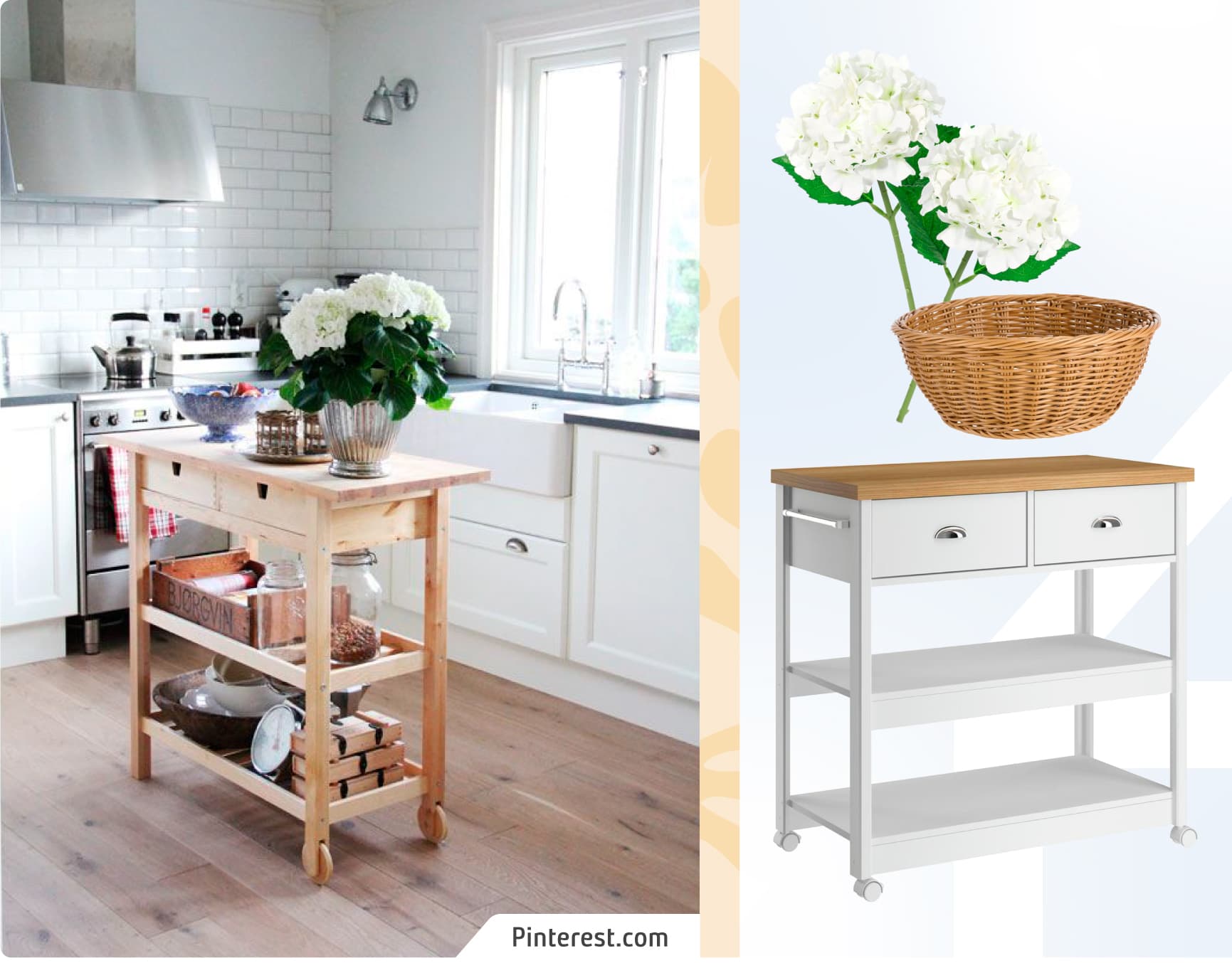 Moodboard Sodimac con foto de cocina con muebles multifuncionales. Los productos Sodimac son una isla de madera blanca con dos cajones, un canasto de mimbre y flores blancas