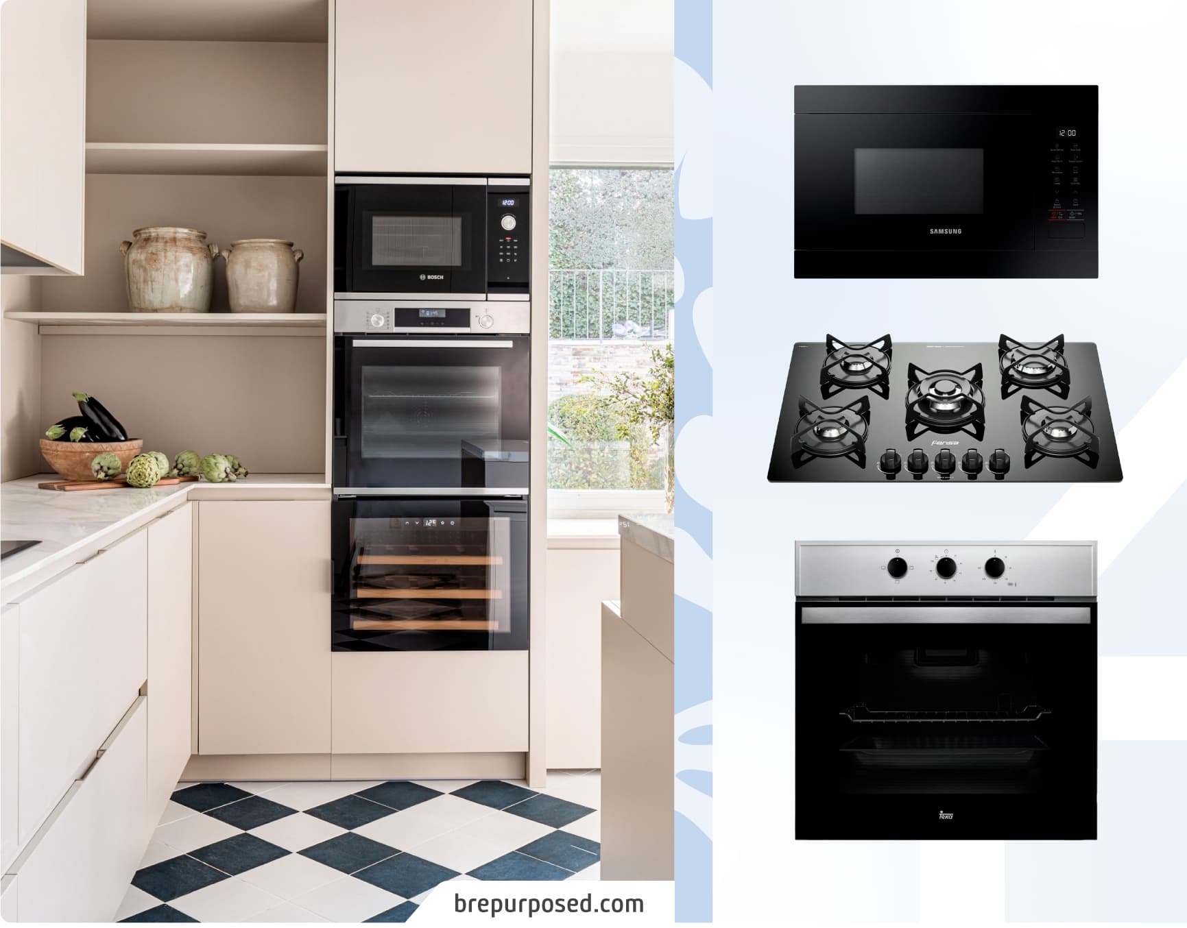 Moodboard Sodimac con foto de cocina con electrodomésticos compactos y empotrados. Los productos Sodimac son un microondas empotrado, una cocina y un horno negro