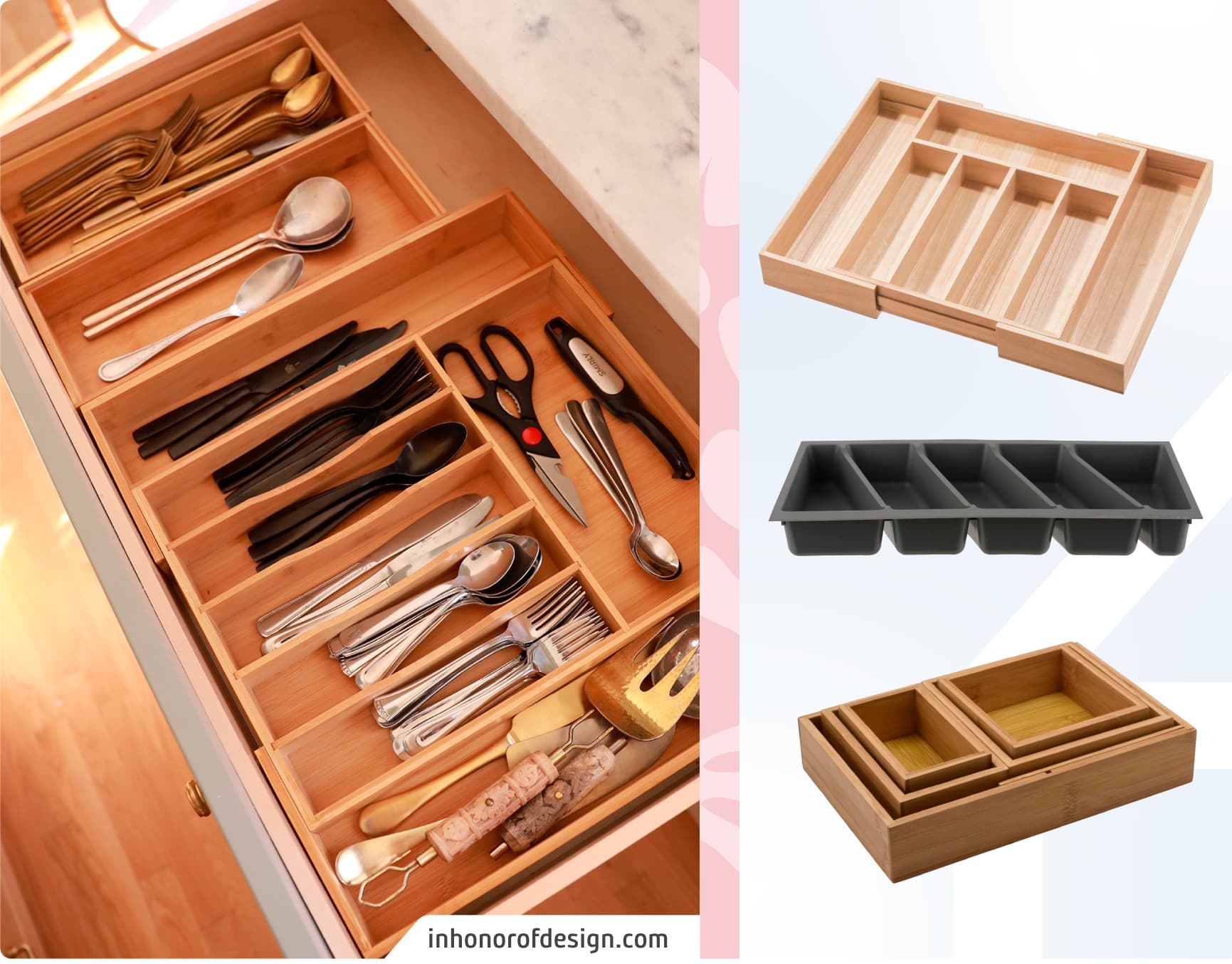 Moodboard Sodimac con foto de un cajón de cocina con organizador para cubiertos. Los productos Sodimac son organizadores de cocina y cubiertos de madera y metal