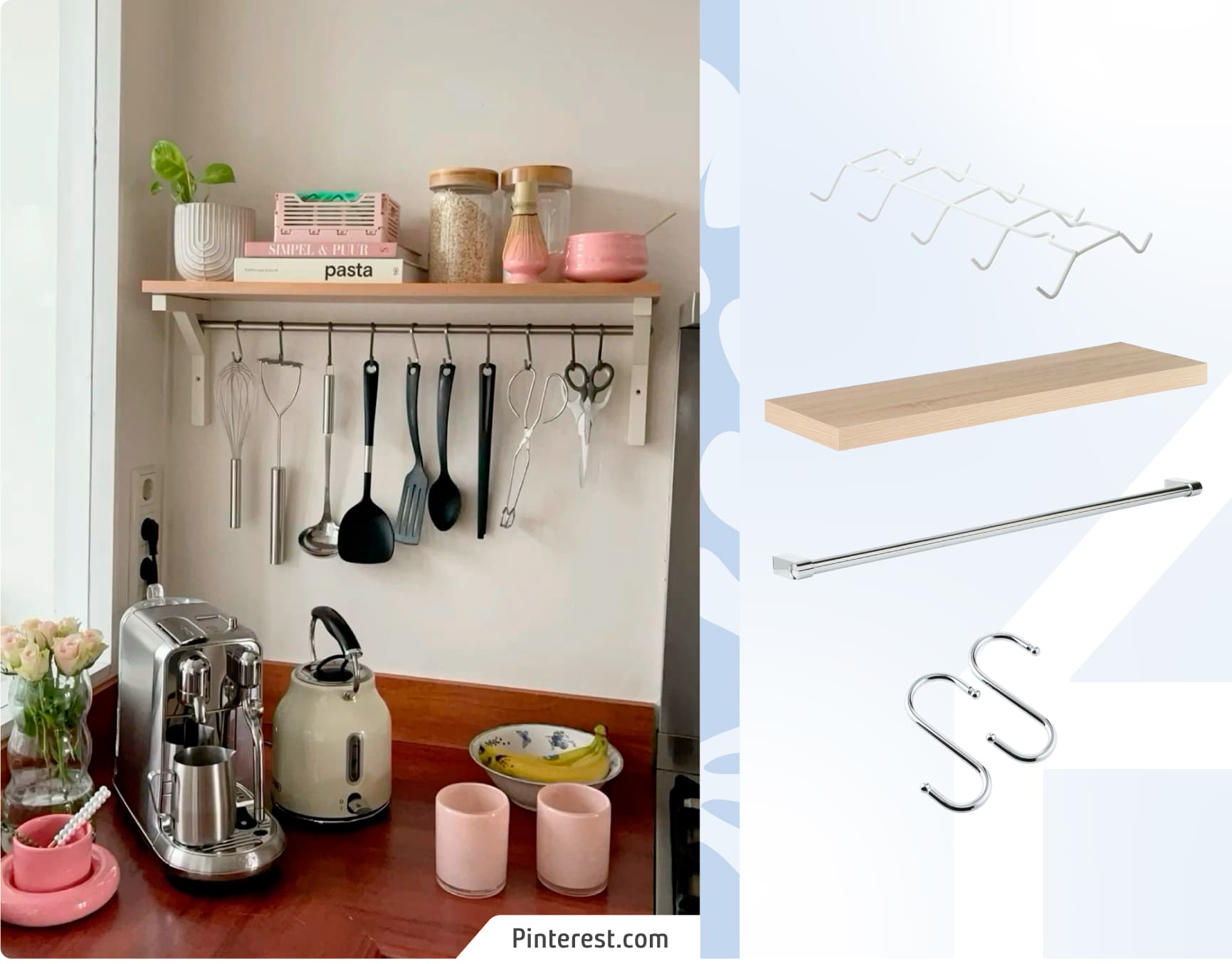 Moodboard Sodimac con foto de cocina con un muro con organización en vertical. Los productos Sodimac son una repisa flotante, una barra metálica y ganchos.