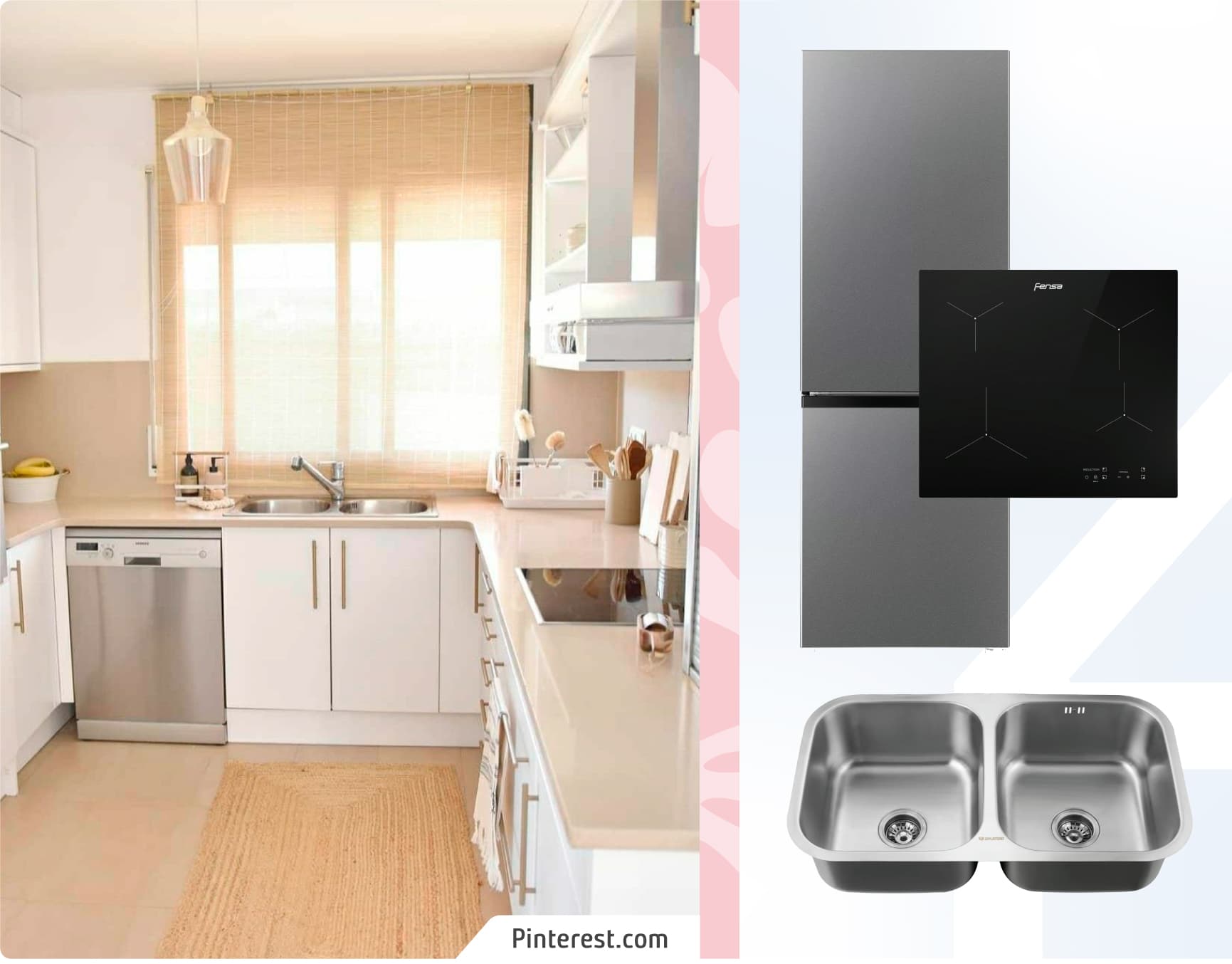 Moodboard Sodimac con foto de cocina clásica con el espacio optimizado. Los productos Sodimac son un refrigerador moderno, cocina de vitrocerámica y un lavaplatos doble cromado.