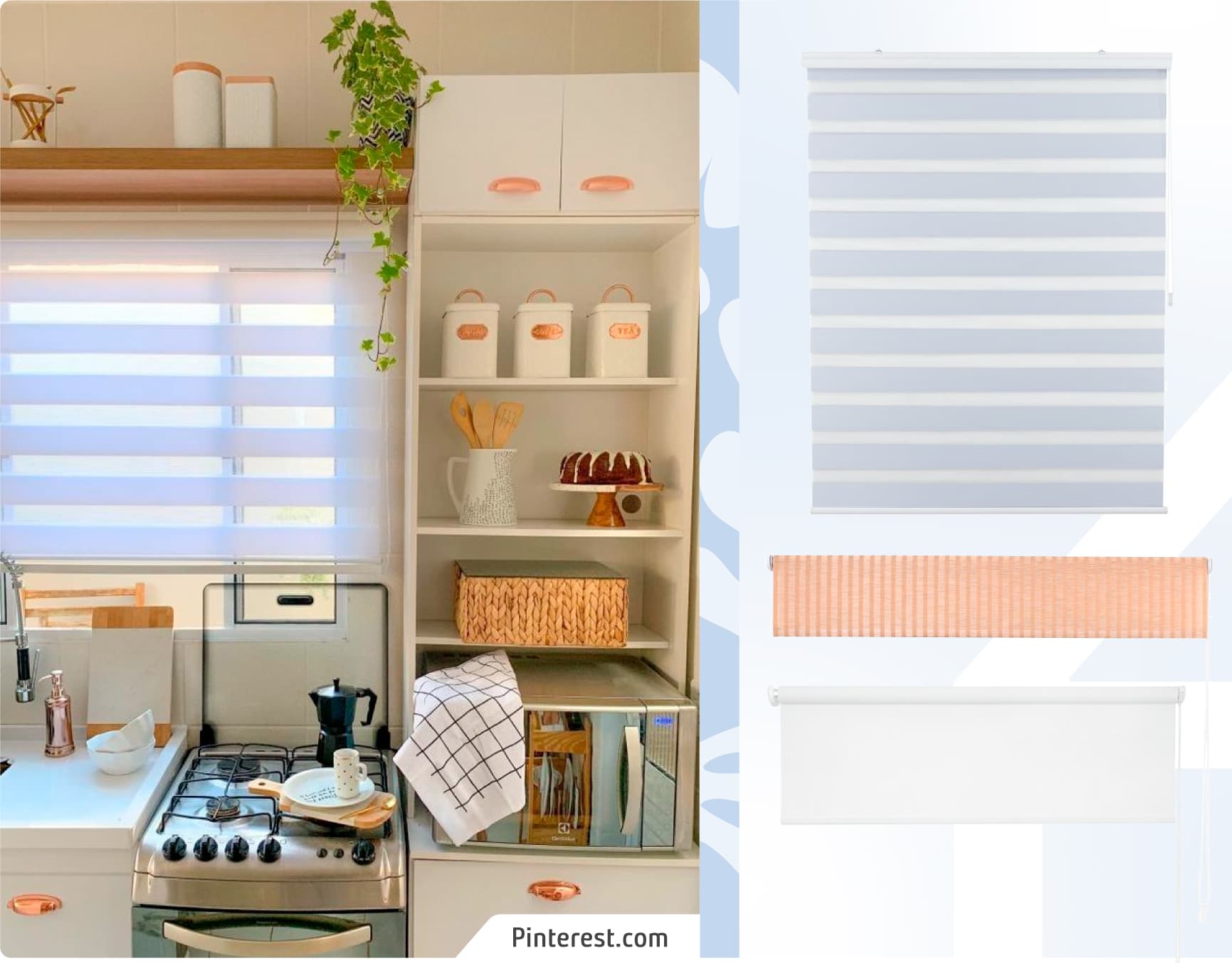 Moodboard Sodimac con foto de cocina con cortinas modernas tipo duo. Los productos Sodimac son una cortina duo, una cortina roller blanca y una cortina naranja.