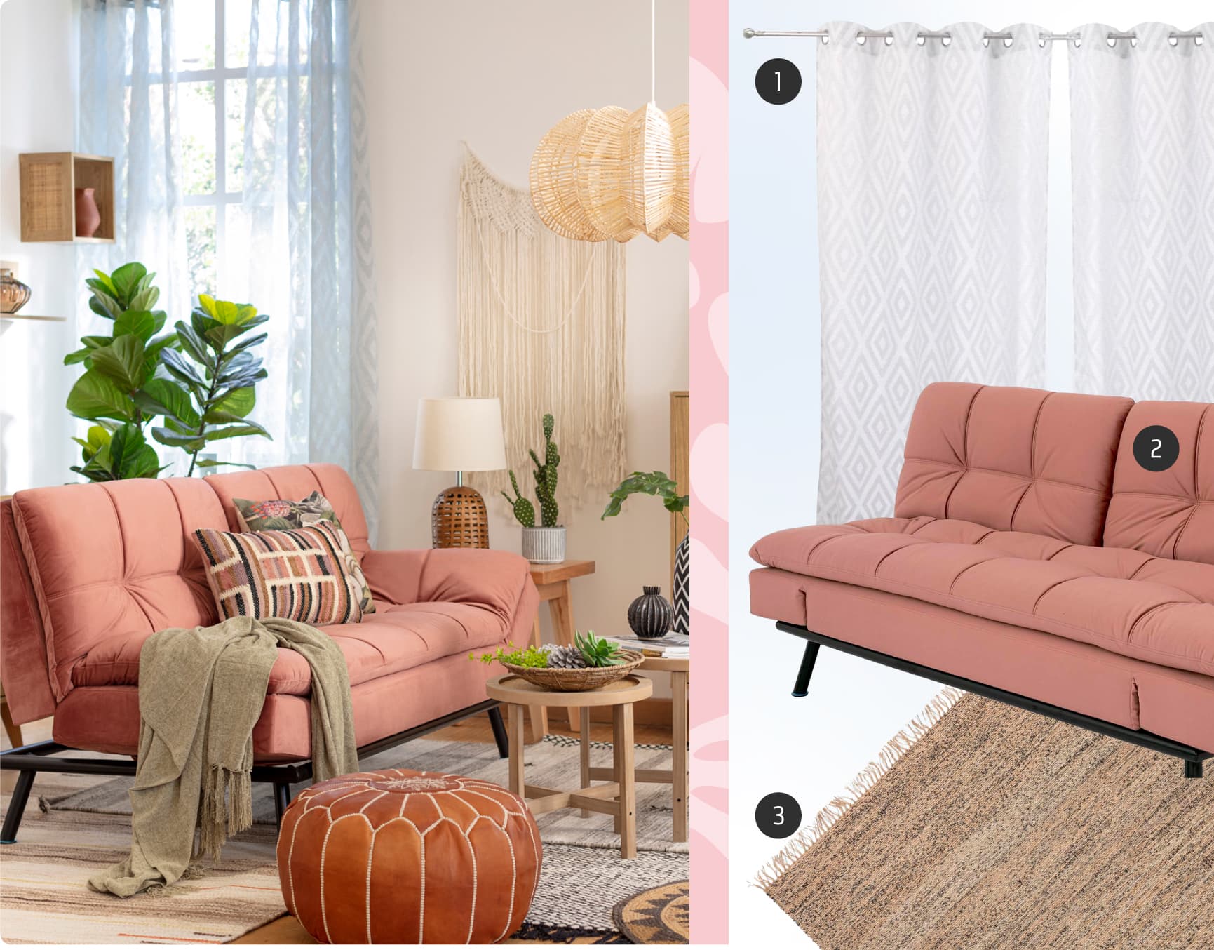 Moodboard de inspiración con una foto de living boho junto a 3 productos disponibles en Sodimac: futón color salmón, alfombra café de fibras naturales y cortina blanca.