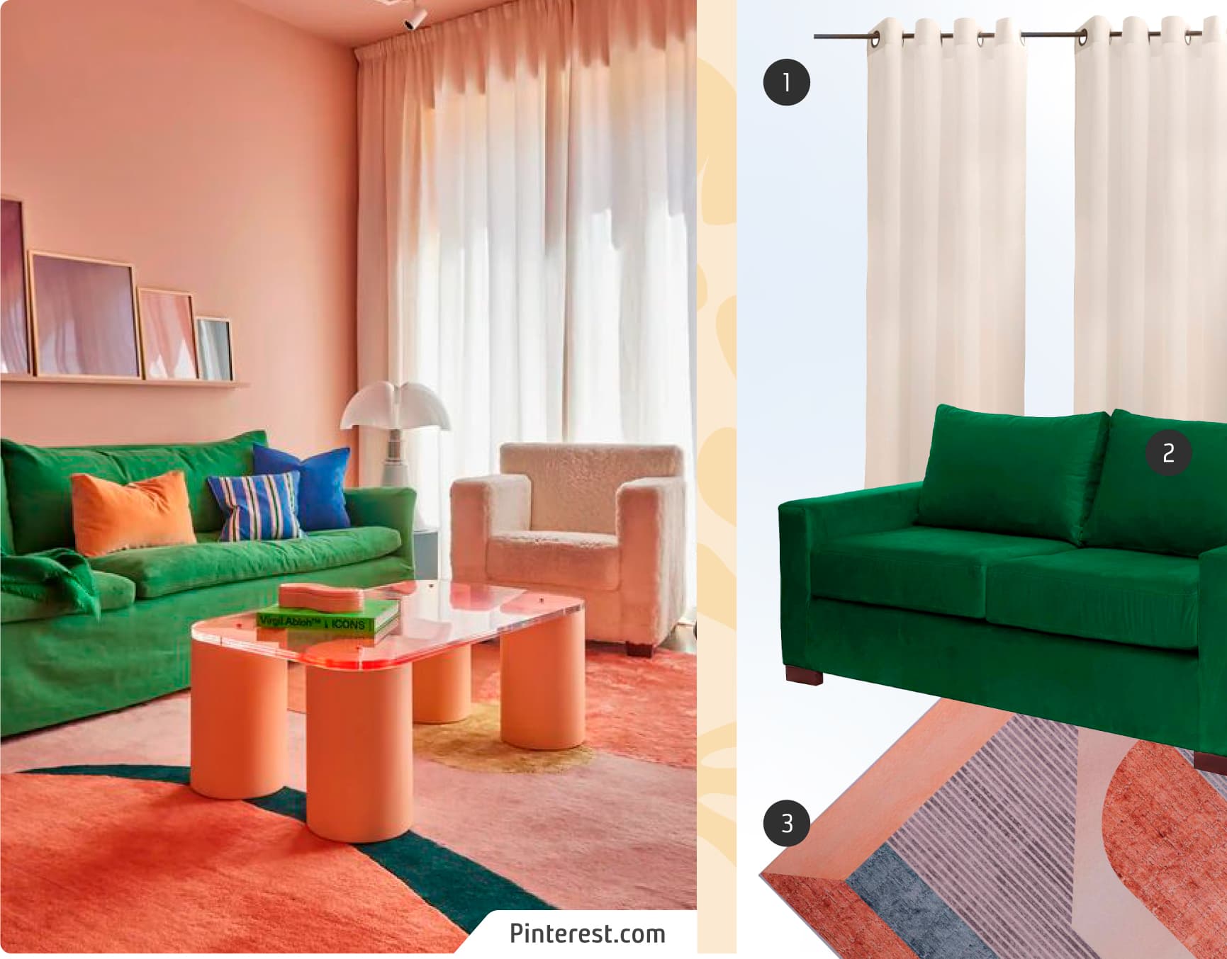 Moodboard de inspiración con una foto de living moderno, estilo dopamina, junto a 3 productos disponibles en Sodimac: sillón verde de tela velvet, alfombra de color salmón, rojo, azul y morado y cortina blanca