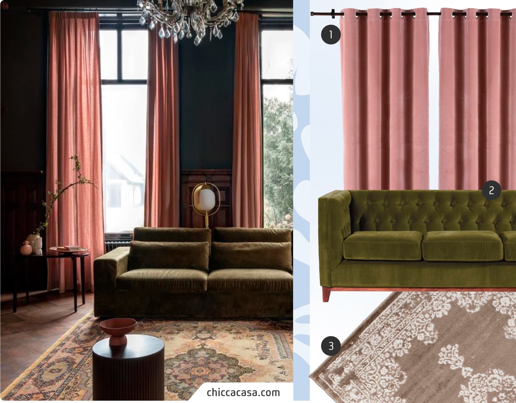 Moodboard de inspiración con una foto de living clásico, de estilo dramático, junto a 3 productos disponibles en Sodimac: sillón velvet color verde musgo, alfombra con bordes con detalles florales blancos y cortinas de tela color rosa