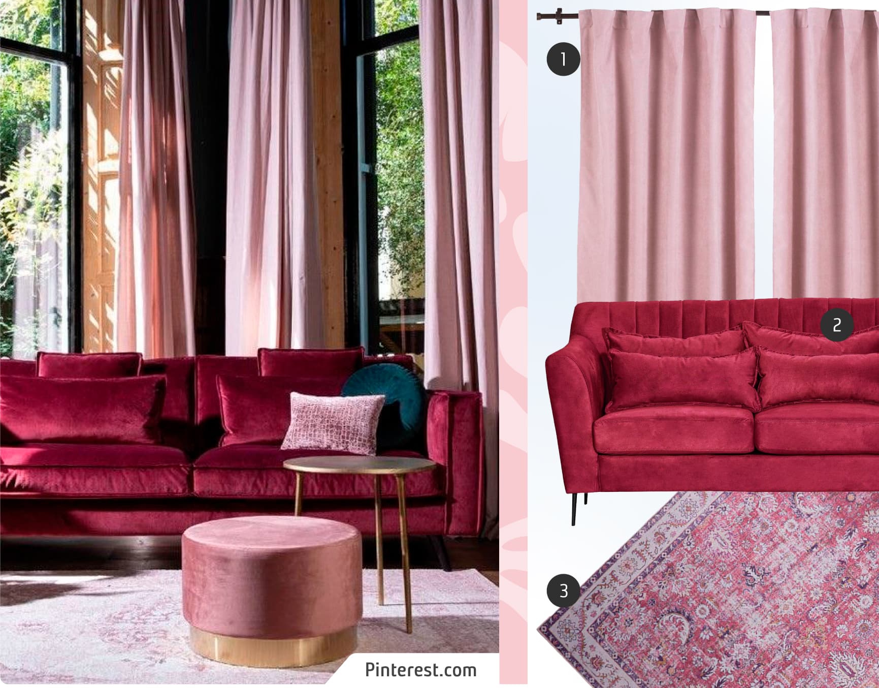 Moodboard de inspiración con una foto de living clásico en tonos rojo italiano y rosa, junto a 3 productos disponibles en Sodimac: Sillón rojo italiano de tela velvet, alfombra estilo kilim en colores rojos y cortinas de tela rosada