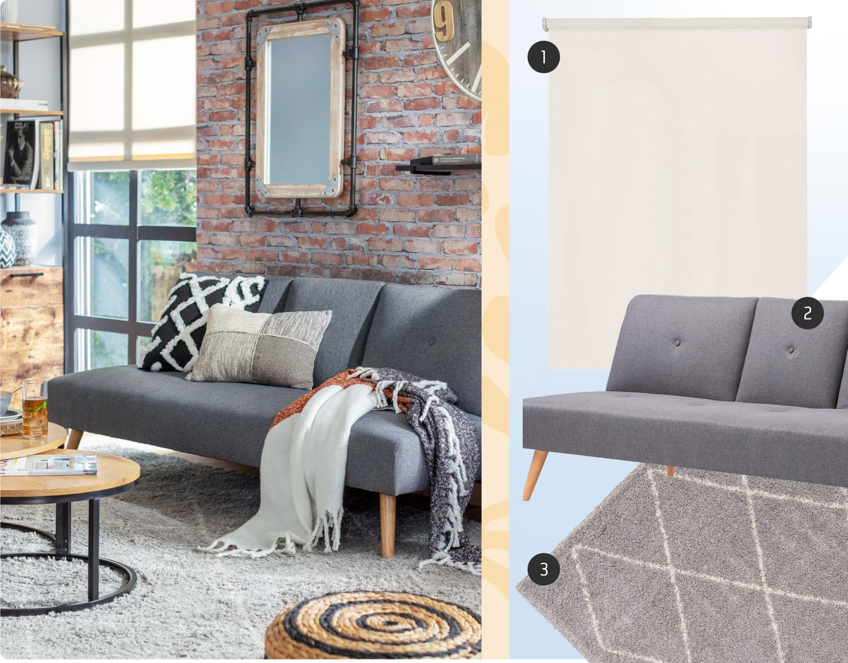 Moodboard de inspiración con una foto de un living estilo industrial junto a 3 productos disponibles en Sodimac: Sillón moderno de color gris y patas de madera, alfombra gris con líneas blancas y cortina roller color beige