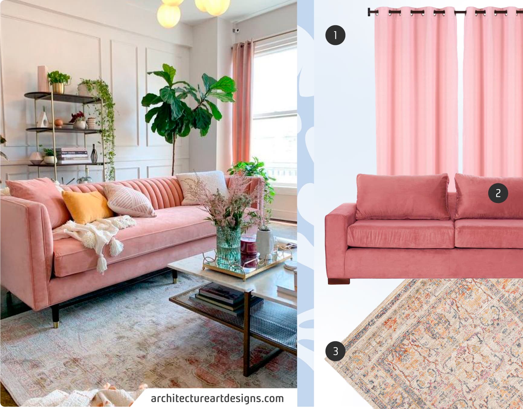 Moodboard de inspiración con una foto de living clásico y romántico, junto a 3 productos disponibles en Sodimac: Sofá de tela velvet color rosa, alfombra oriental en tonos beige, rosa y amarillo, y cortinas de tela rosada.