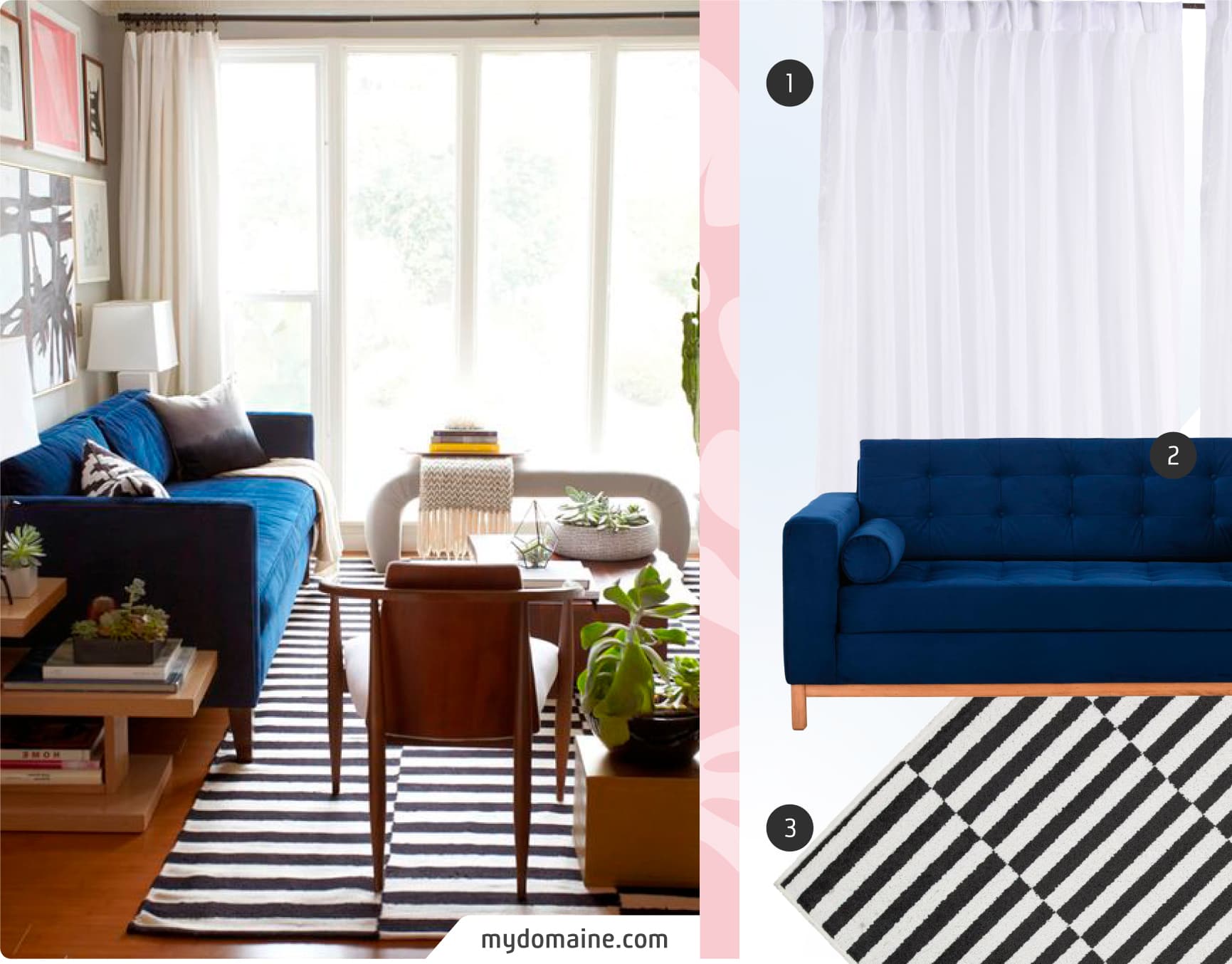 Moodboard de inspiración con una foto de living de estilo mid century, junto a 3 productos disponibles en Sodimac: sofá de tela azul marino con patas de madera, alfombra con líneas blancas y negras y cortina de tela blanca.