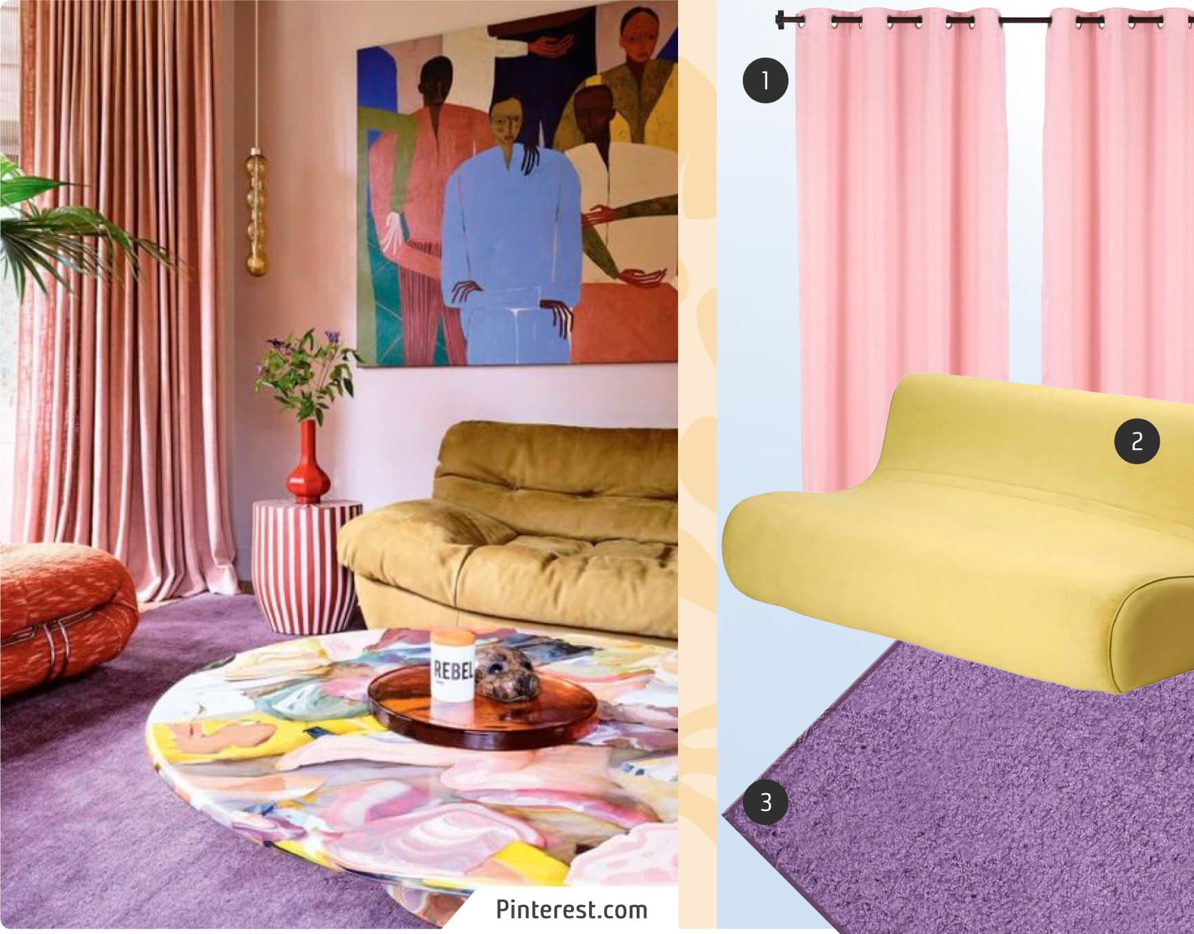 Moodboard de inspiración con una foto de living moderno, estilo dopamina, junto a 3 productos disponibles en Sodimac: Sofá moderno amarillo de líneas curvas, alfombra morada y cortinas de tela rosada