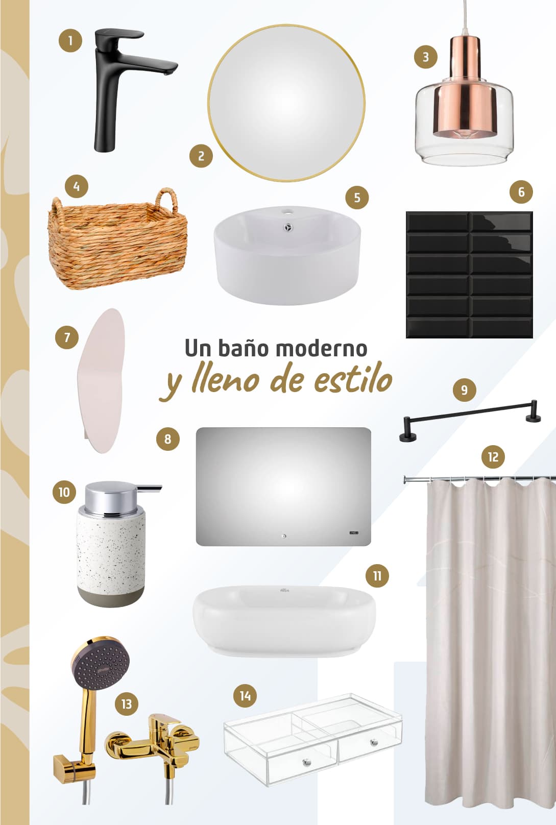 Moodboard de productos para el baño disponibles en Sodimac