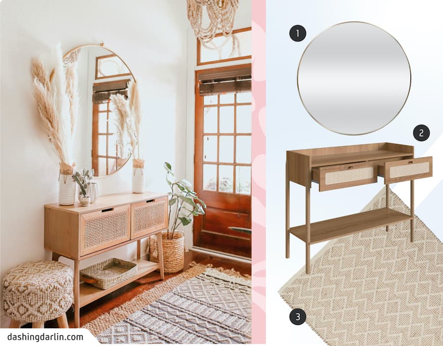 Moodboard de inspiración con la entrada de una casa de estilo Boho chic, junto a un espejo, un arrimo y una alfombra disponibles en Sodimac.