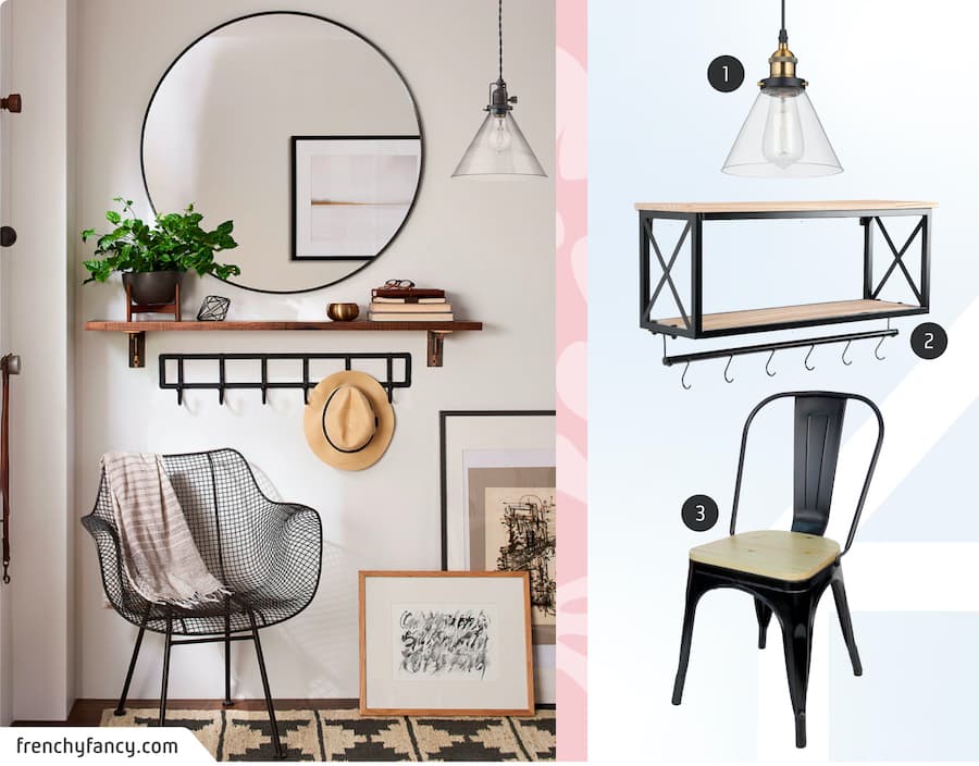 Moodboard de inspiración con la entrada de una casa de estilo Industrial, junto a una lámpara colgante, un perchero y una silla metálica negra disponibles en Sodimac.