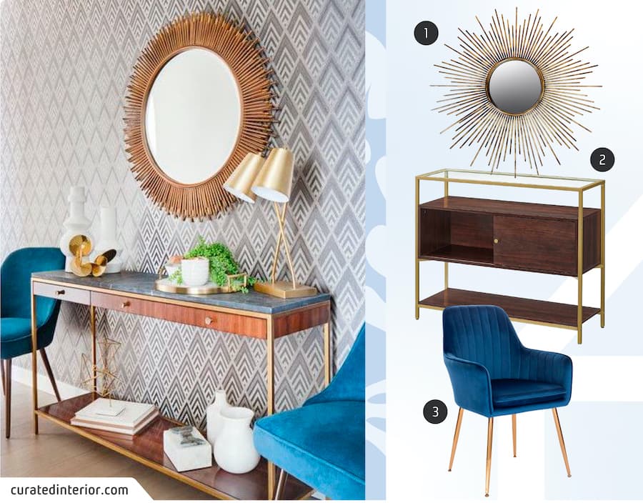 Moodboard de inspiración con la entrada de una casa de estilo Vintage Moderno, junto a un espejo, un arrimo y una silla de terciopelo azul disponibles en Sodimac.