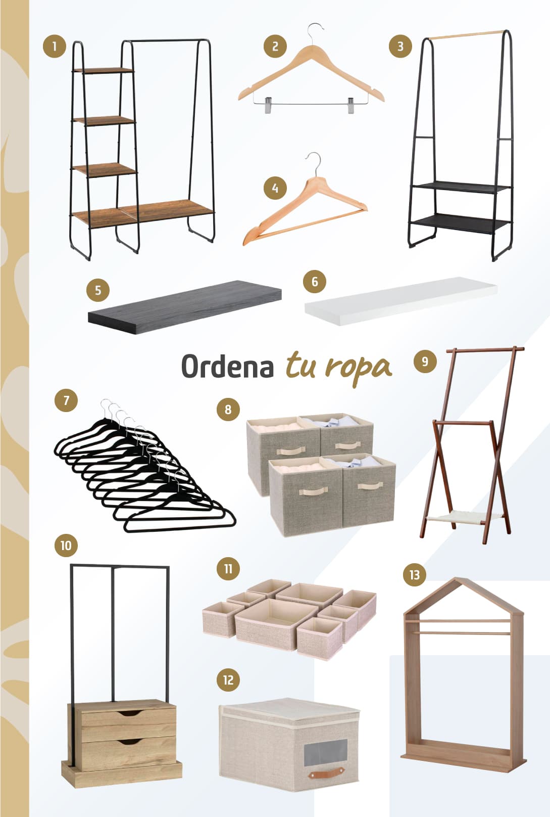 Moodboard de productos para organizar la ropa disponibles en Sodimac