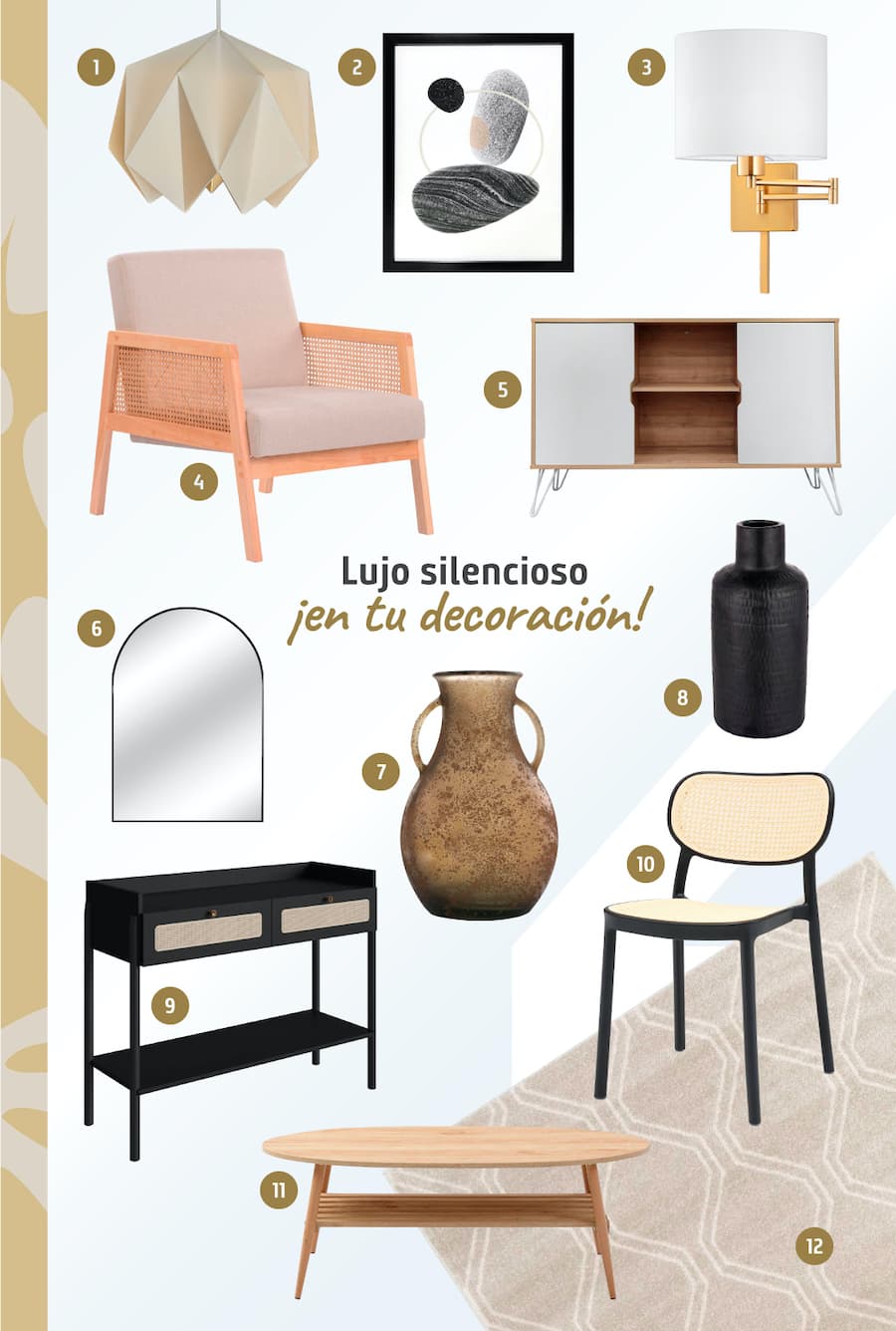 Moodboard de inspiración con 12 productos disponibles en Sodimac para lograr un ambiente con lujo silencioso, desde jarrones hasta una poltrona, un arrimo y un espejo.