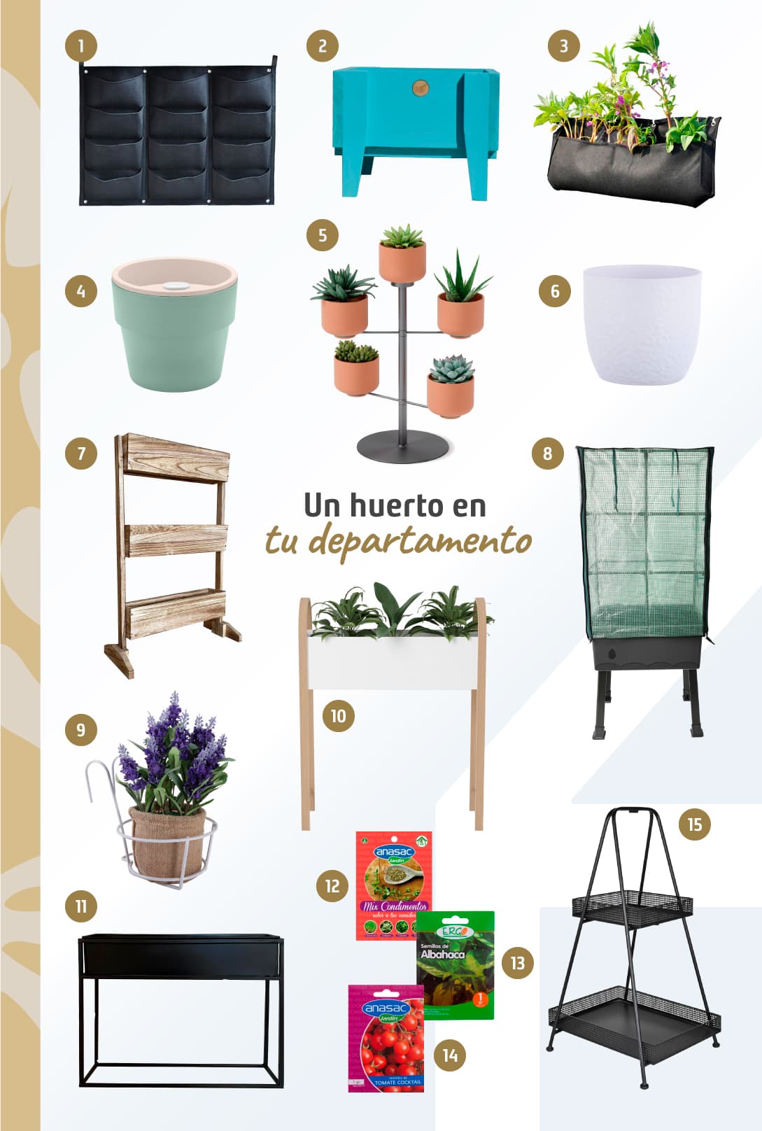 Moodboard de productos para un mini huerto disponibles en Sodimac