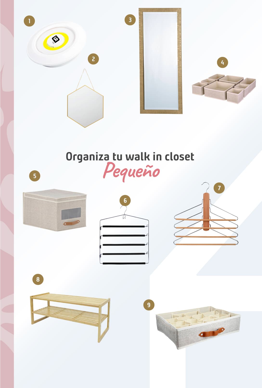 Moodboard de productos para organizar un walk in closet pequeño disponibles en Sodimac.