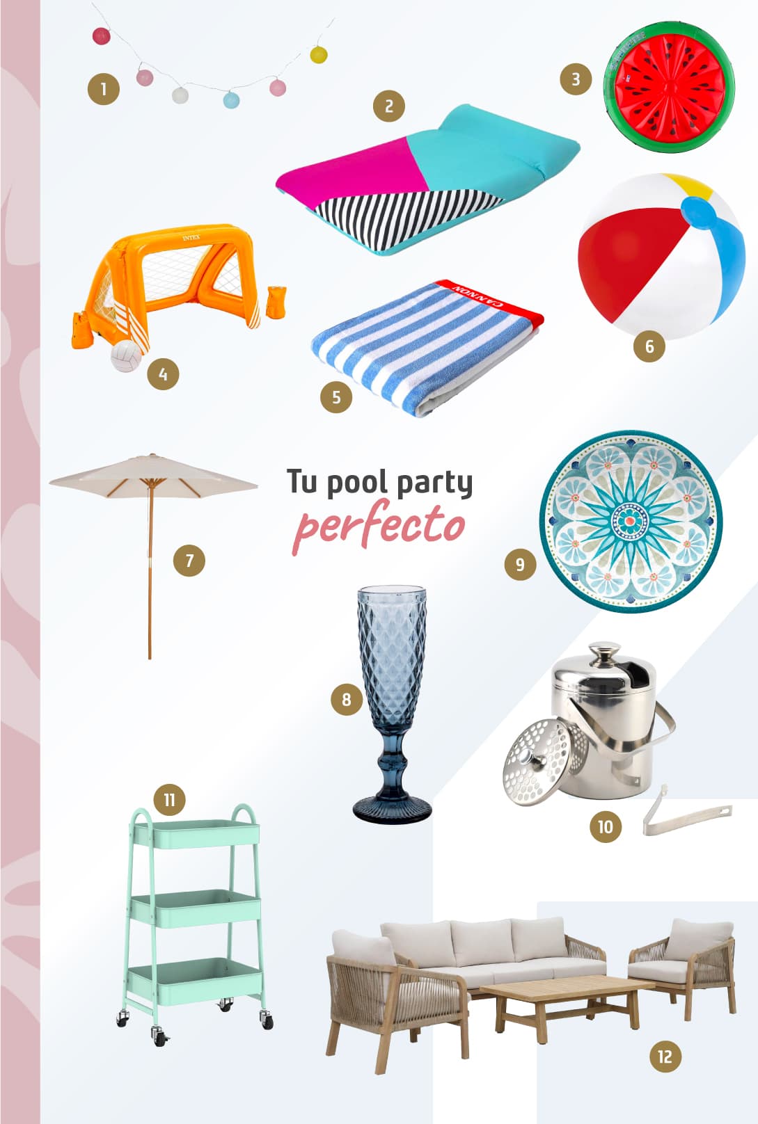 Moodboard de productos para un pool party disponibles en Sodimac.