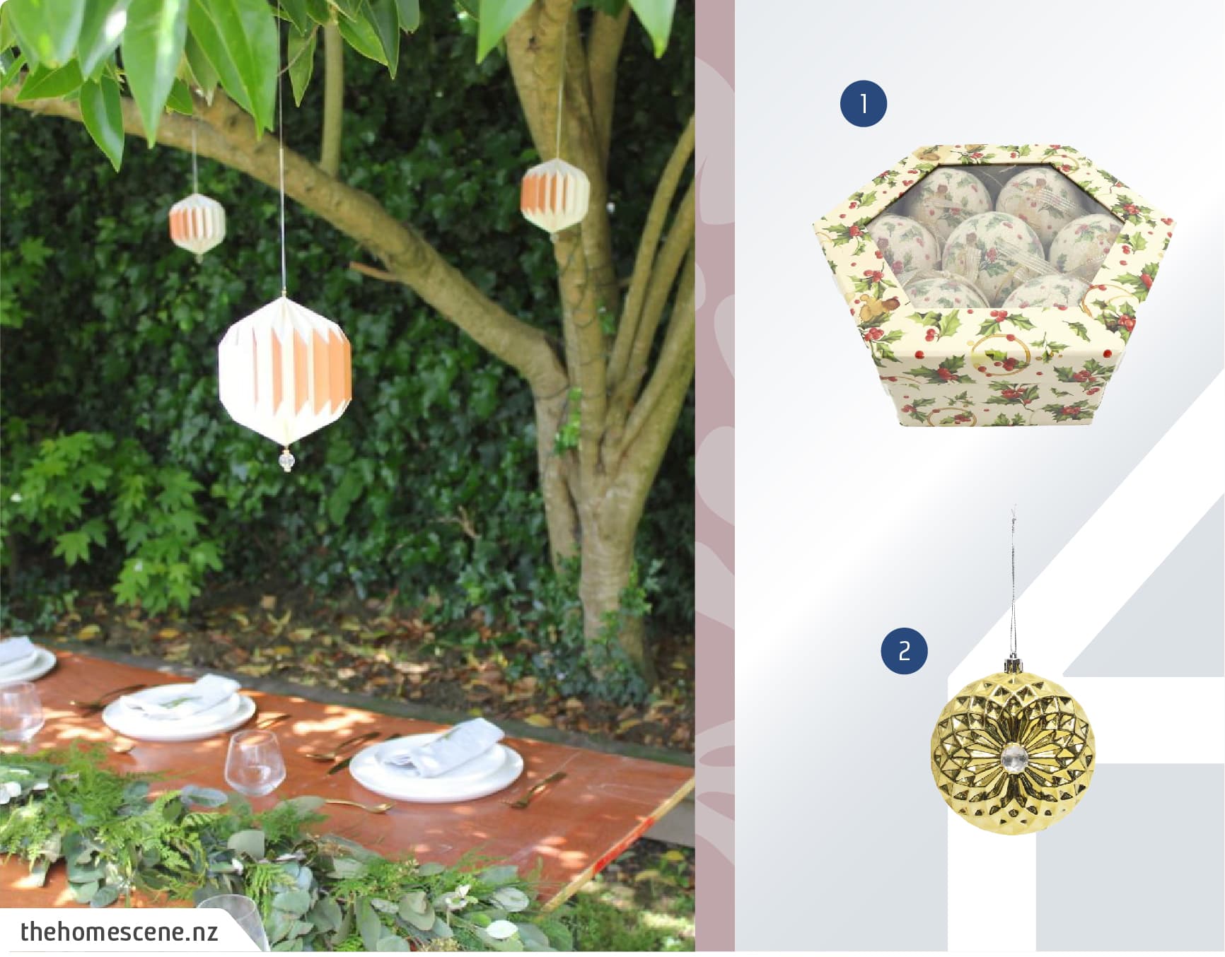 Árbol plantado en una terraza con adornos navideños, debajo del árbol hay una mesa decorada con motivos navideños blancos y verdes; junto a un moodboard de esferas navideñas disponibles en Sodimac.