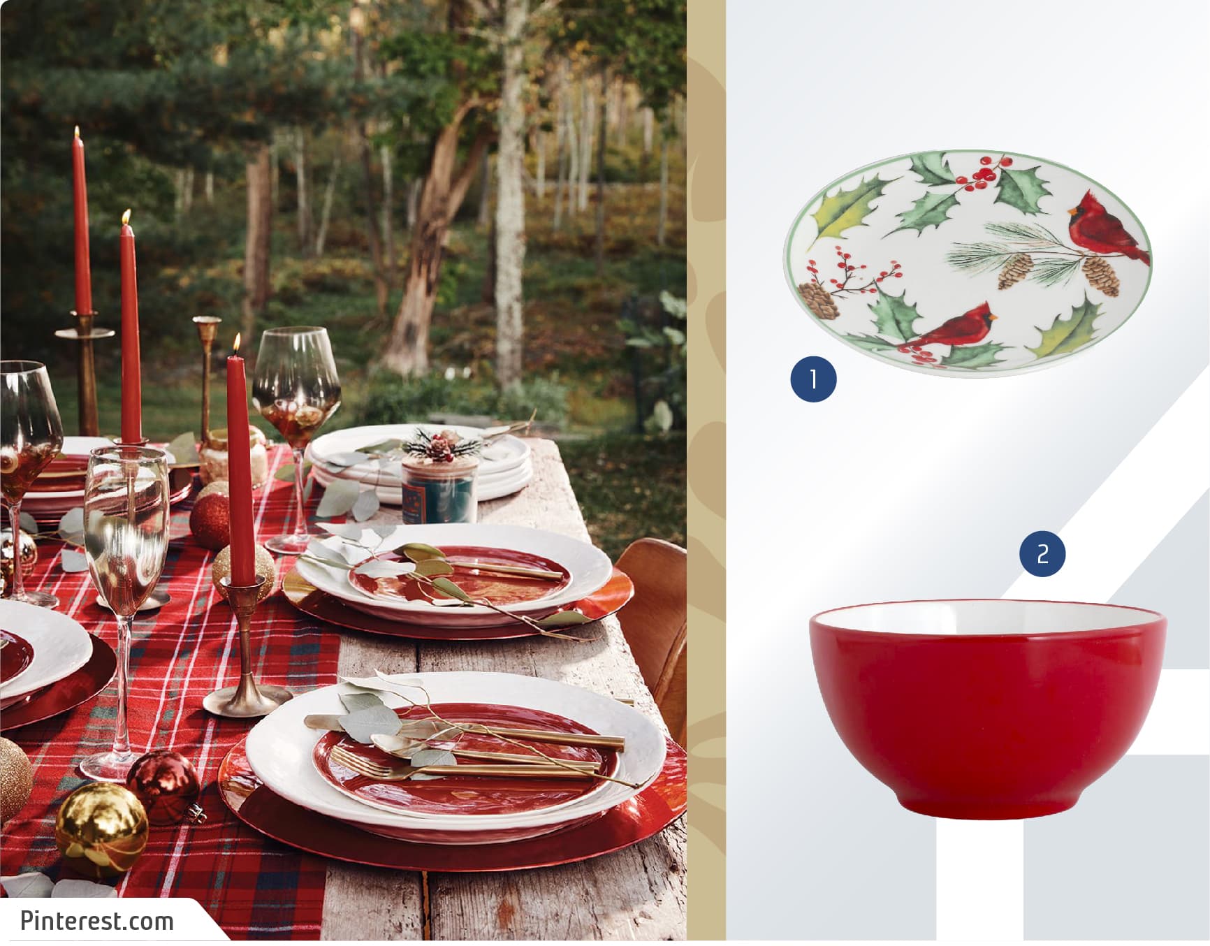 Mesa al exterior decorada con platos, camino de mesa, vela y adornos navideños con tonos rojos y blancos junto a un moodboard de vajillas navideñas disponibles en Sodimac.