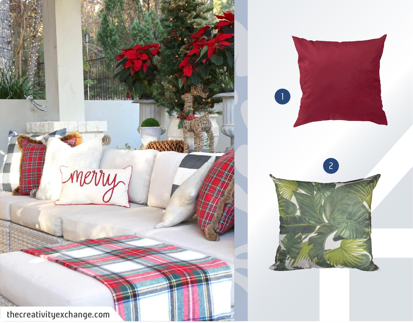 Juego de living de terraza color crema decorado con cojines con motivos navideños rojo y verde, junto a un moodboard de cojines disponibles en Sodimac.