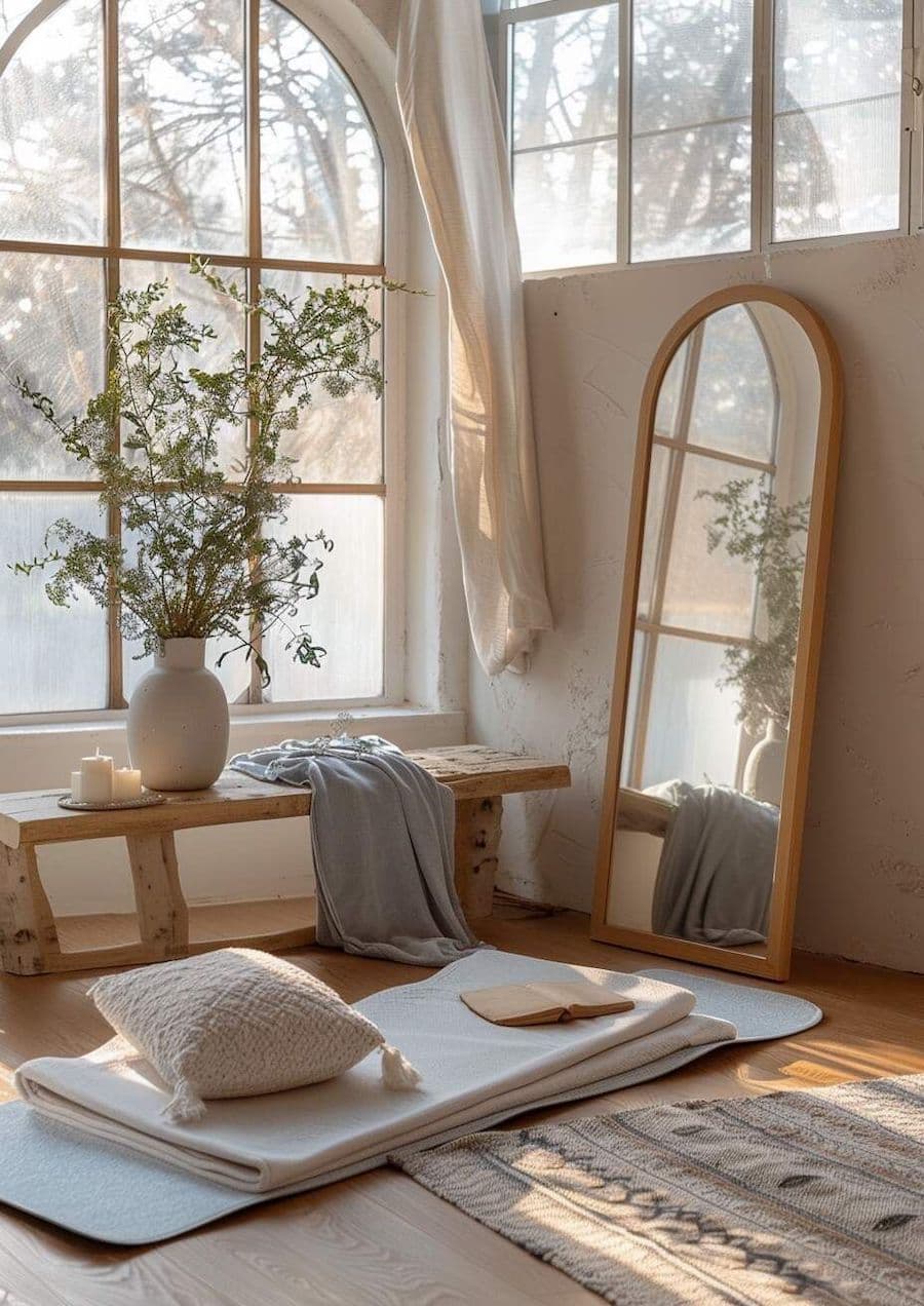 Rincón zen con gran ventana. Bajo ella hay una banqueta de madera con un macetero con ramas, una manta y velas. Gran espejo con forma de arco apoyado en la pared. Mat de yoga con mantas y cojín.