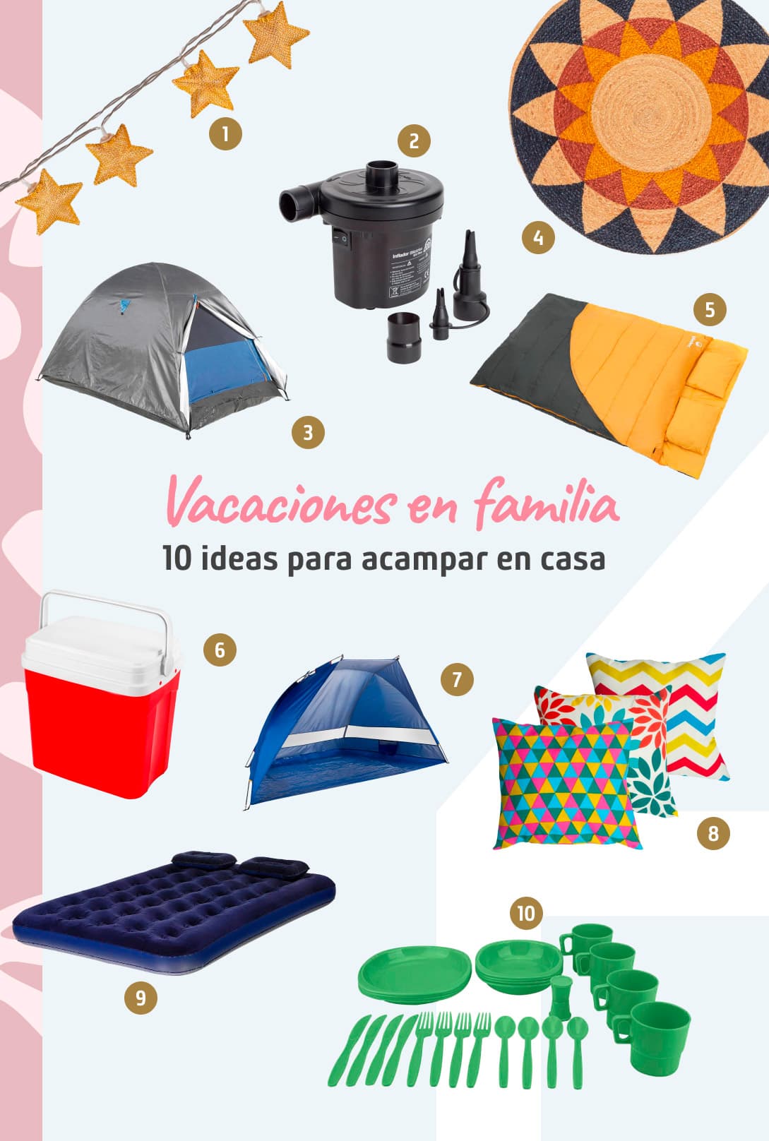 Moodboard de productos para acampar en casa disponibles en Sodimac.