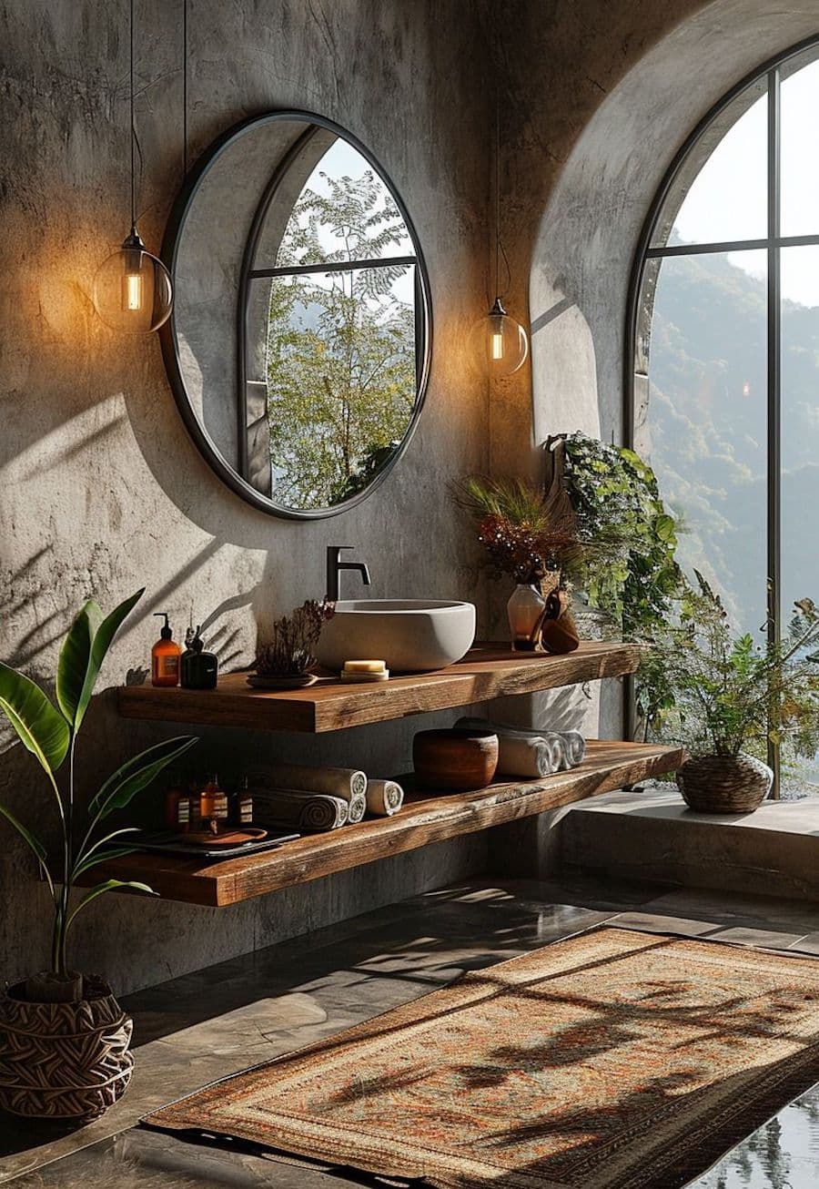 Baño rústico moderno con plantas. Dos repisas flotantes de madera noble con lavamanos de piedra. Gran espejo redondo sobre muro de concreto. Ventanal curvo con vistas.