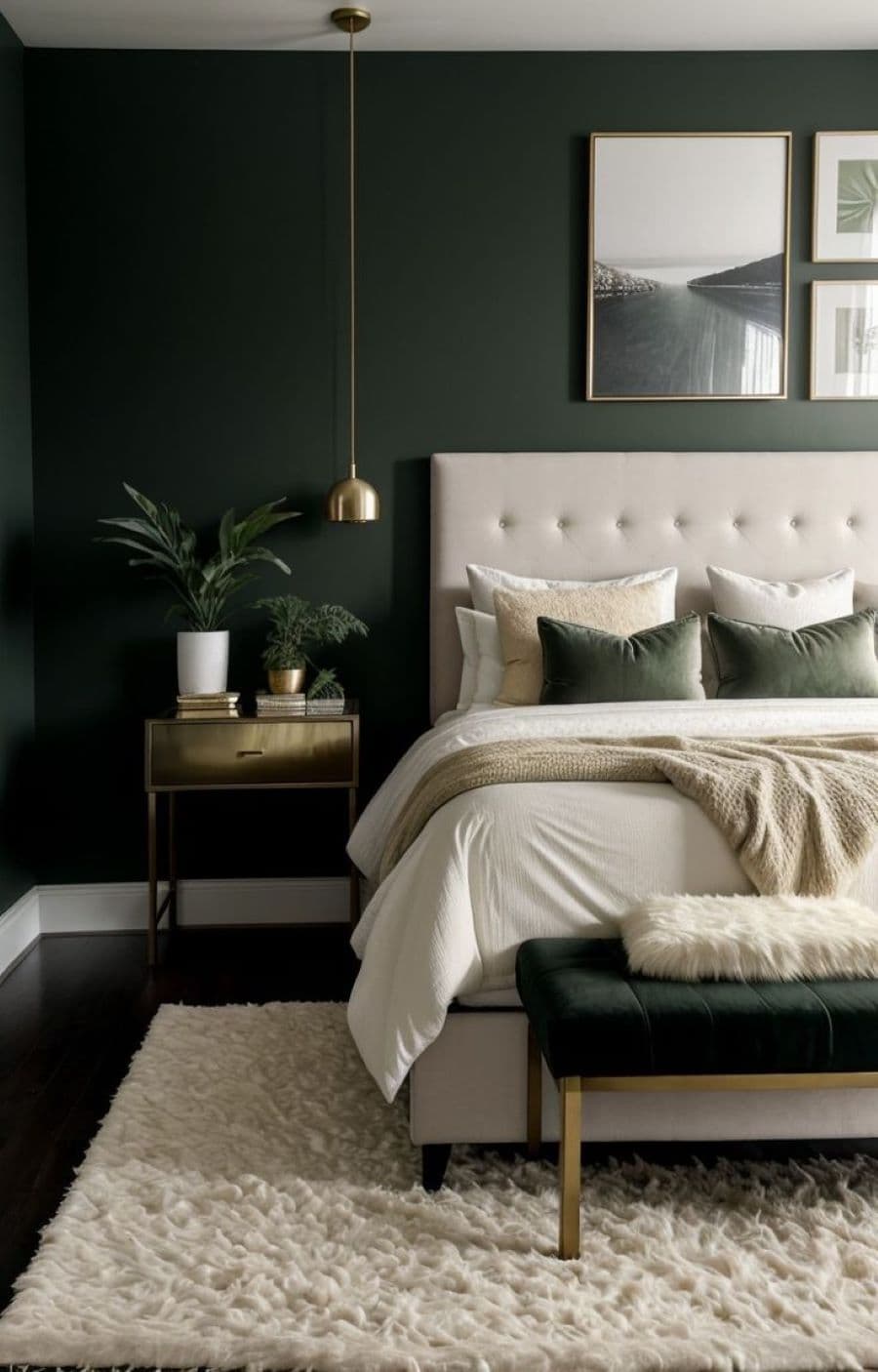 Dormitorio con pared verde oscuro. Cabecero beige, plumón blanco, manta beige y cojines verde botella. Velador dorado y negro con libros y plantas.