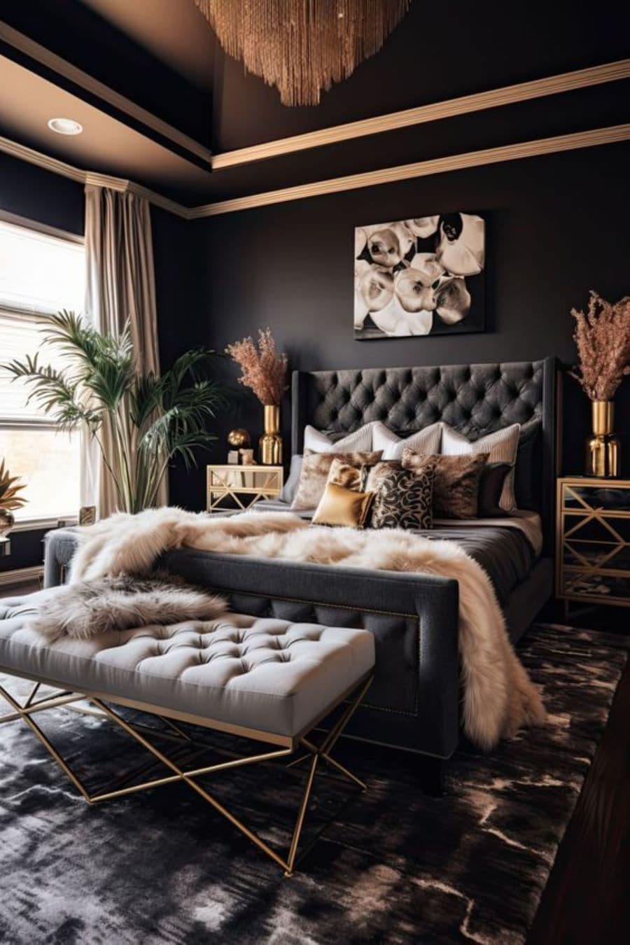 Dormitorio decorado con estilo mob wife. Gran cama con respaldo negro, capitoné, manta peluda y cojines estampados. Banqueta gris. Dos veladores dorados con arreglos florales, muros negros.