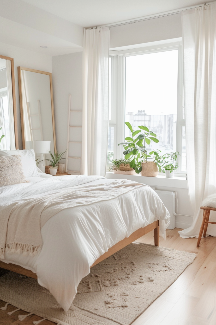 Dormitorio pequeño de estilo nórdico con cama de madera y textiles blancos y rosa. Alfombra beige bajo la cama y plantas junto a la ventana. Gran espejo apoyado en la pared.