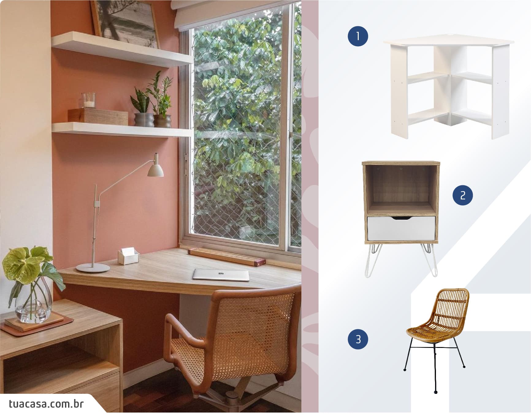 Moodboard de productos para un escritorio pequeño para dormitorio disponibles en Sodimac junto a una imagen de un escritorio esquinero de madera. Sobre ella hay estantes blancos.