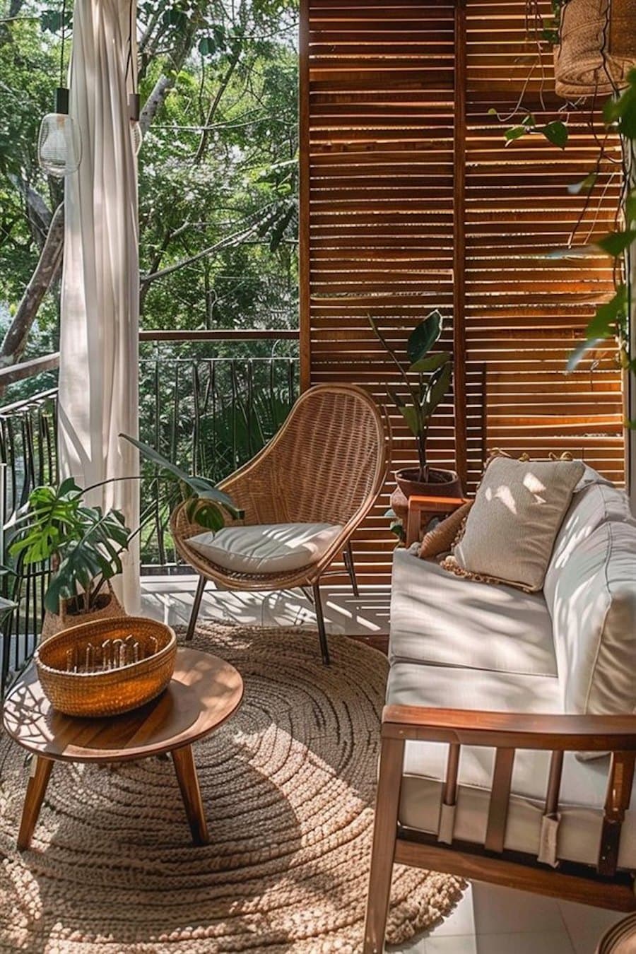 Terraza cerrada con cerco de madera para mayor privacidad. Silla de bambú y sofá de madera con cojines blancos. La terraza está rodeada de muchas plantas.