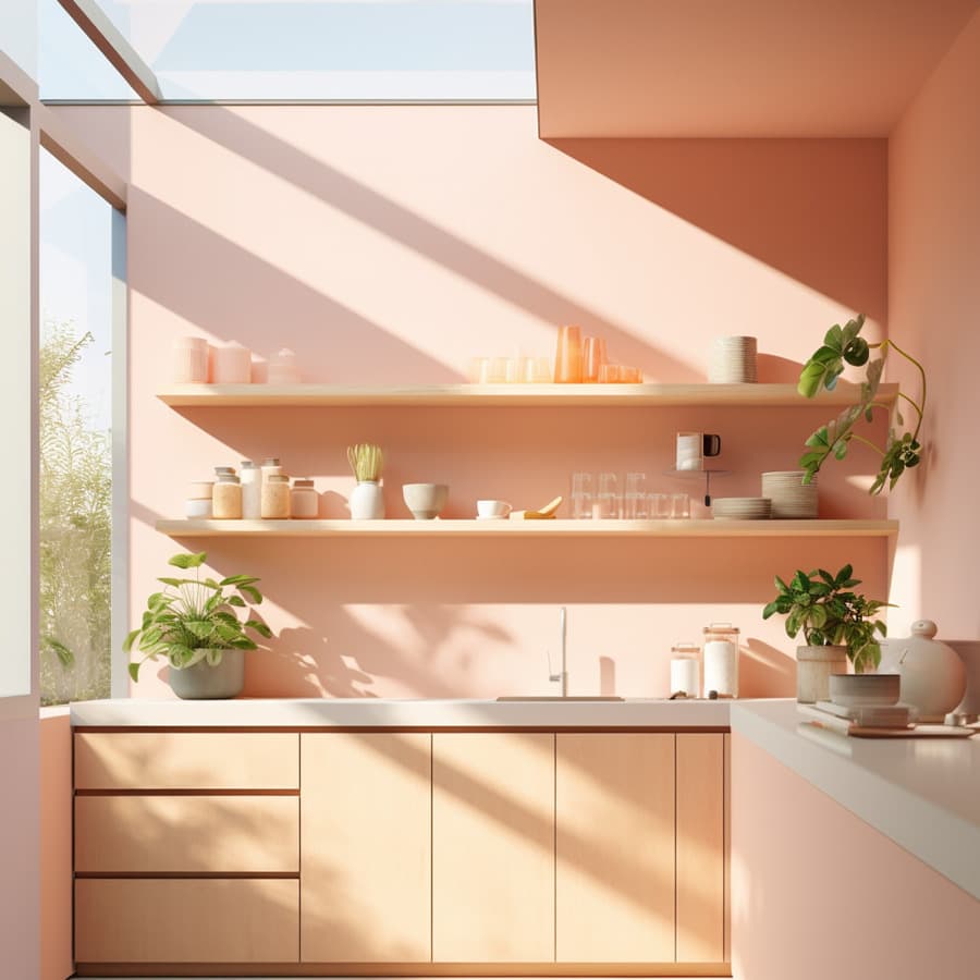 Cocina contemporánea muy luminosa, con gran ventanal y tragaluz. Muros de color Peach fuzz y muebles de madera clara. Dos repisas flotantes de madera con vajilla. Sobre la mesa hay plantas en maceteros de cerámica